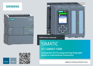 12/2017
Reference manual
support.industry.siemens.com
SIMATIC
S7-1200/S7-1500
Comparison list for programming languages
based on international mnemonics
Edition
 