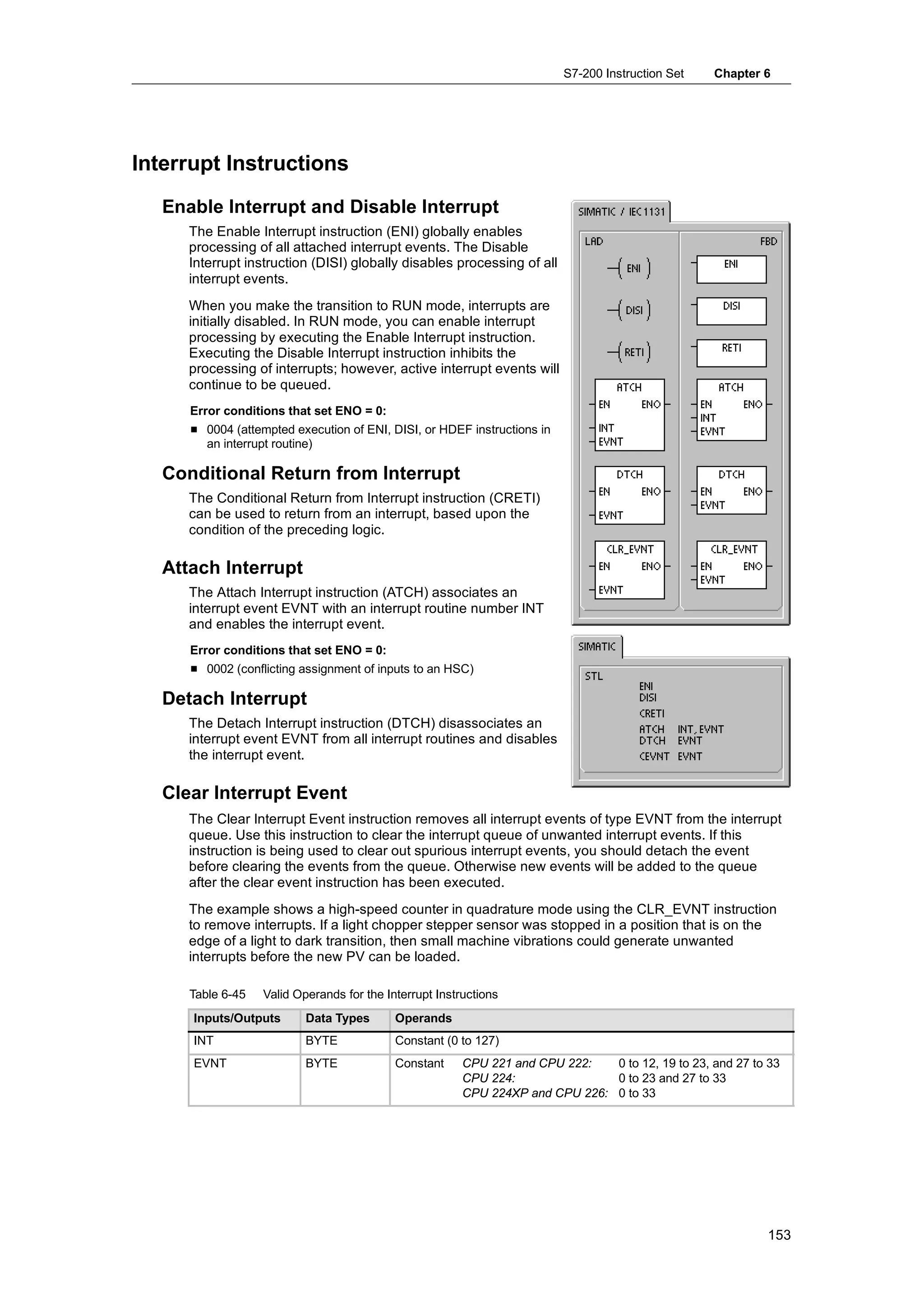 S7-200 Instruction Set   Chapter 6




Interrupt Instructions
   Enable Interrupt and Disable Interrupt
      The Enable Interrupt instruction (ENI) globally enables
      processing of all attached interrupt events. The Disable
      Interrupt instruction (DISI) globally disables processing of all
      interrupt events.
      When you make the transition to RUN mode, interrupts are
      initially disabled. In RUN mode, you can enable interrupt
      processing by executing the Enable Interrupt instruction.
      Executing the Disable Interrupt instruction inhibits the
      processing of interrupts; however, active interrupt events will
      continue to be queued.
      Error conditions that set ENO = 0:
      H 0004 (attempted execution of ENI, DISI, or HDEF instructions in
        an interrupt routine)

   Conditional Return from Interrupt
      The Conditional Return from Interrupt instruction (CRETI)
      can be used to return from an interrupt, based upon the
      condition of the preceding logic.

   Attach Interrupt
      The Attach Interrupt instruction (ATCH) associates an
      interrupt event EVNT with an interrupt routine number INT
      and enables the interrupt event.
      Error conditions that set ENO = 0:
      H 0002 (conflicting assignment of inputs to an HSC)

   Detach Interrupt
      The Detach Interrupt instruction (DTCH) disassociates an
      interrupt event EVNT from all interrupt routines and disables
      the interrupt event.

   Clear Interrupt Event
      The Clear Interrupt Event instruction removes all interrupt events of type EVNT from the interrupt
      queue. Use this instruction to clear the interrupt queue of unwanted interrupt events. If this
      instruction is being used to clear out spurious interrupt events, you should detach the event
      before clearing the events from the queue. Otherwise new events will be added to the queue
      after the clear event instruction has been executed.
      The example shows a high-speed counter in quadrature mode using the CLR_EVNT instruction
      to remove interrupts. If a light chopper stepper sensor was stopped in a position that is on the
      edge of a light to dark transition, then small machine vibrations could generate unwanted
      interrupts before the new PV can be loaded.

      Table 6-45   Valid Operands for the Interrupt Instructions
      Inputs/Outputs       Data Types       Operands
      INT                  BYTE             Constant (0 to 127)
      EVNT                 BYTE             Constant     CPU 221 and CPU 222:   0 to 12, 19 to 23, and 27 to 33
                                                         CPU 224:               0 to 23 and 27 to 33
                                                         CPU 224XP and CPU 226: 0 to 33




                                                                                                            153
 