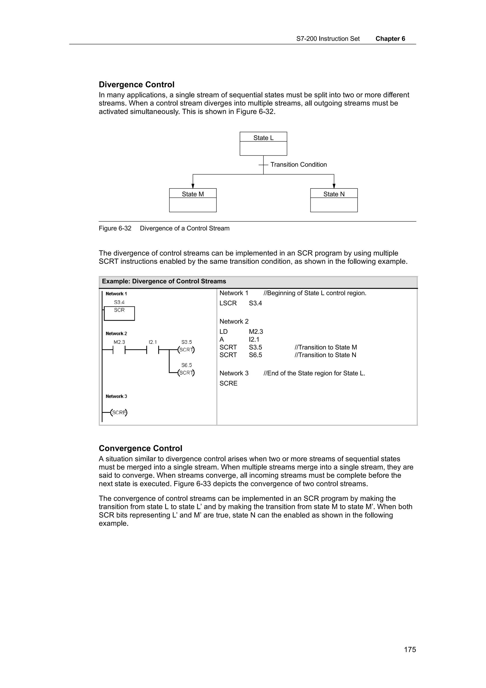 S7-200 Instruction Set       Chapter 6




Divergence Control
In many applications, a single stream of sequential states must be split into two or more different
streams. When a control stream diverges into multiple streams, all outgoing streams must be
activated simultaneously. This is shown in Figure 6-32.


                                                     State L



                                                             Transition Condition



                            State M                                              State N




Figure 6-32   Divergence of a Control Stream


The divergence of control streams can be implemented in an SCR program by using multiple
SCRT instructions enabled by the same transition condition, as shown in the following example.

 Example: Divergence of Control Streams
                                        Network 1          //Beginning of State L control region.
                                        LSCR        S3.4

                                        Network 2
                                        LD          M2.3
                                        A           I2.1
                                        SCRT        S3.5              //Transition to State M
                                        SCRT        S6.5              //Transition to State N

                                        Network 3          //End of the State region for State L.
                                        SCRE




Convergence Control
A situation similar to divergence control arises when two or more streams of sequential states
must be merged into a single stream. When multiple streams merge into a single stream, they are
said to converge. When streams converge, all incoming streams must be complete before the
next state is executed. Figure 6-33 depicts the convergence of two control streams.

The convergence of control streams can be implemented in an SCR program by making the
transition from state L to state L’ and by making the transition from state M to state M’. When both
SCR bits representing L’ and M’ are true, state N can the enabled as shown in the following
example.




                                                                                                            175
 