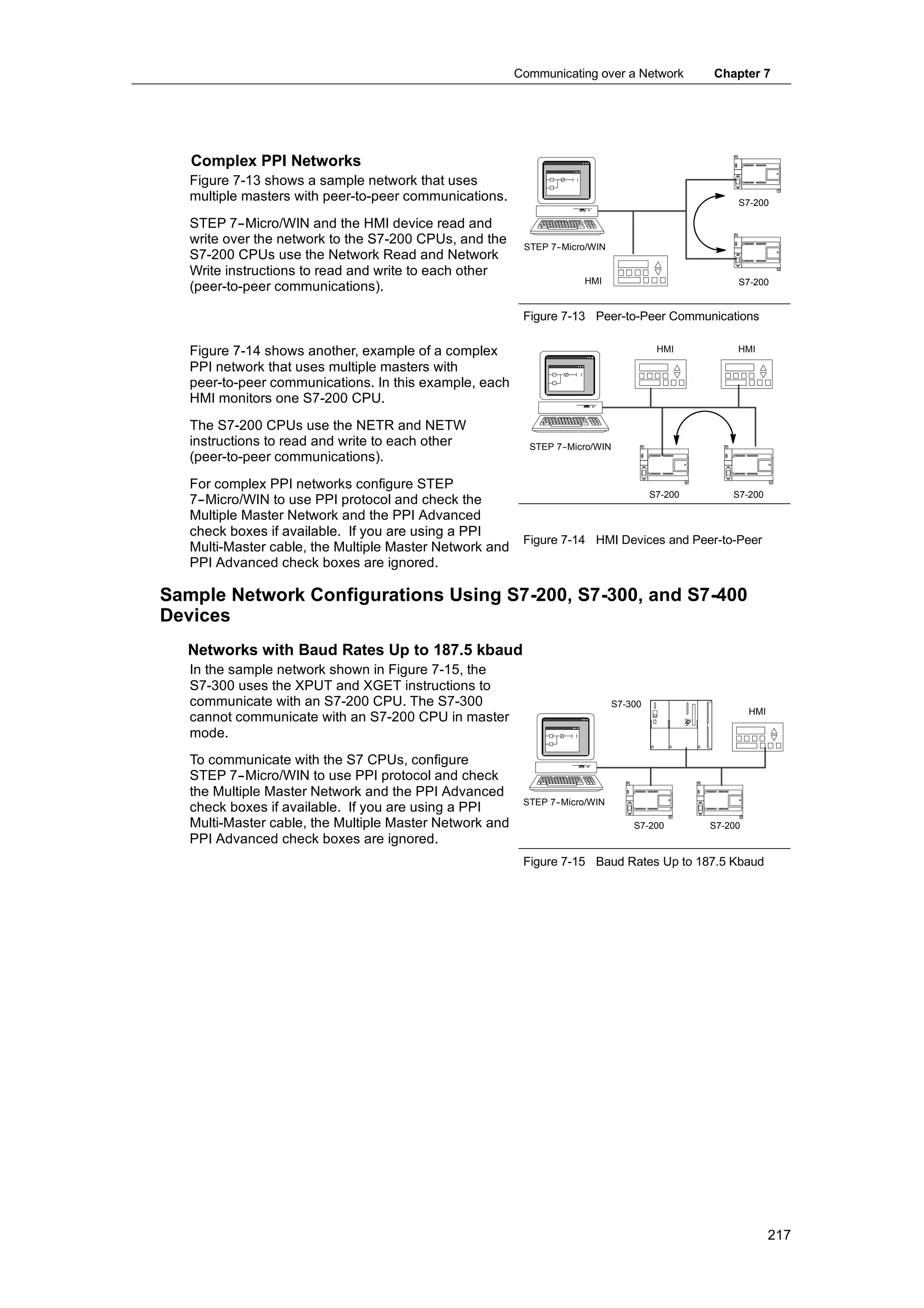 Communicating over a Network          Chapter 7




   Complex PPI Networks
   Figure 7-13 shows a sample network that uses
   multiple masters with peer-to-peer communications.                                               S7-200

   STEP 7--Micro/WIN and the HMI device read and
   write over the network to the S7-200 CPUs, and the     STEP 7-
                                                                -Micro/WIN
   S7-200 CPUs use the Network Read and Network
   Write instructions to read and write to each other
                                                                      HMI                           S7-200
   (peer-to-peer communications).

                                                          Figure 7-13 Peer-to-Peer Communications

   Figure 7-14 shows another, example of a complex                                     HMI          HMI

   PPI network that uses multiple masters with
   peer-to-peer communications. In this example, each
   HMI monitors one S7-200 CPU.
   The S7-200 CPUs use the NETR and NETW
   instructions to read and write to each other            STEP 7-
                                                                 -Micro/WIN
   (peer-to-peer communications).
   For complex PPI networks configure STEP
                                                                                      S7-200       S7-200
   7--Micro/WIN to use PPI protocol and check the
   Multiple Master Network and the PPI Advanced
   check boxes if available If you are using a PPI
                  available.
                                                          Figure 7-14 HMI Devices and Peer-to-Peer
   Multi-Master cable, the Multiple Master Network and
   PPI Advanced check boxes are ignored.

Sample Network Configurations Using S7-200, S7-300, and S7-400
Devices
  Networks with Baud Rates Up to 187.5 kbaud
   In the sample network shown in Figure 7-15, the
   S7-300 uses the XPUT and XGET instructions to
   communicate with an S7-200 CPU. The S7-300                                S7-300
                                                                                                        HMI
   cannot communicate with an S7-200 CPU in master
   mode.
   To communicate with the S7 CPUs, configure
   STEP 7--Micro/WIN to use PPI protocol and check
   the Multiple Master Network and the PPI Advanced
                                                          STEP 7-
                                                                -Micro/WIN
   check boxes if available. If you are using a PPI
   Multi-Master cable, the Multiple Master Network and                           S7-200        S7-200
   PPI Advanced check boxes are ignored.
                                                          Figure 7-15 Baud Rates Up to 187.5 Kbaud




                                                                                                              217
 