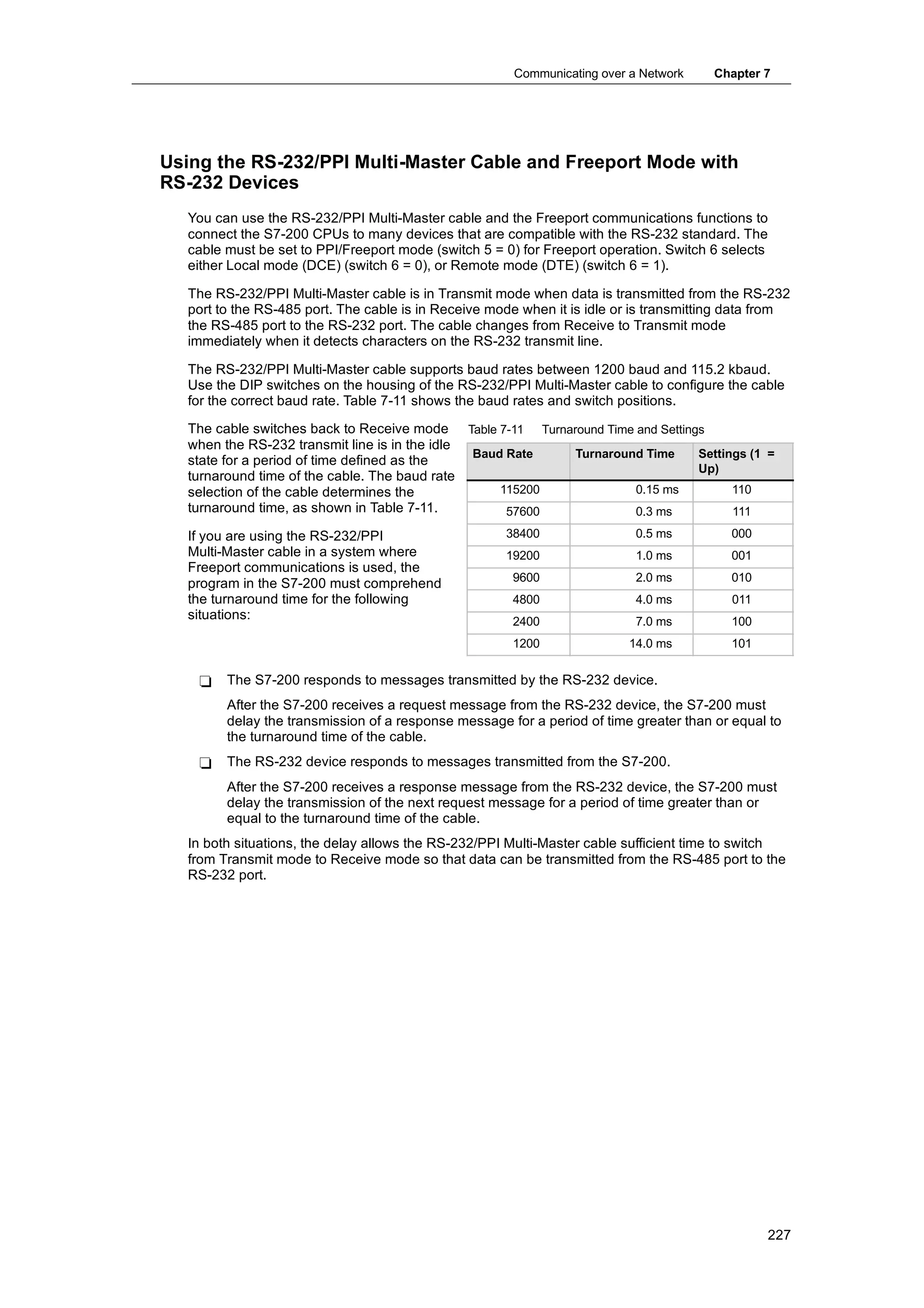 Communicating over a Network    Chapter 7




Using the RS-232/PPI Multi-Master Cable and Freeport Mode with
RS-232 Devices
  You can use the RS-232/PPI Multi-Master cable and the Freeport communications functions to
  connect the S7-200 CPUs to many devices that are compatible with the RS-232 standard. The
  cable must be set to PPI/Freeport mode (switch 5 = 0) for Freeport operation. Switch 6 selects
  either Local mode (DCE) (switch 6 = 0), or Remote mode (DTE) (switch 6 = 1).

  The RS-232/PPI Multi-Master cable is in Transmit mode when data is transmitted from the RS-232
  port to the RS-485 port. The cable is in Receive mode when it is idle or is transmitting data from
  the RS-485 port to the RS-232 port. The cable changes from Receive to Transmit mode
  immediately when it detects characters on the RS-232 transmit line.

  The RS-232/PPI Multi-Master cable supports baud rates between 1200 baud and 115.2 kbaud.
  Use the DIP switches on the housing of the RS-232/PPI Multi-Master cable to configure the cable
  for the correct baud rate. Table 7-11 shows the baud rates and switch positions.

  The cable switches back to Receive mode Table 7-11 Turnaround Time and Settings
  when the RS-232 transmit line is in the idle
                                               Baud Rate   Turnaround Time      Settings (1 =
  state for a period of time defined as the
                                                                                Up)
  turnaround time of the cable. The baud rate
  selection of the cable determines the            115200            0.15 ms          110
  turnaround time, as shown in Table 7-11.          57600            0.3 ms           111

  If you are using the RS-232/PPI                    38400                 0.5 ms         000
  Multi-Master cable in a system where               19200                 1.0 ms         001
  Freeport communications is used, the
                                                      9600                 2.0 ms         010
  program in the S7-200 must comprehend
  the turnaround time for the following               4800                 4.0 ms         011
  situations:                                         2400                 7.0 ms         100
                                                      1200               14.0 ms          101

    -   The S7-200 responds to messages transmitted by the RS-232 device.
        After the S7-200 receives a request message from the RS-232 device, the S7-200 must
        delay the transmission of a response message for a period of time greater than or equal to
        the turnaround time of the cable.
    -   The RS-232 device responds to messages transmitted from the S7-200.
        After the S7-200 receives a response message from the RS-232 device, the S7-200 must
        delay the transmission of the next request message for a period of time greater than or
        equal to the turnaround time of the cable.
  In both situations, the delay allows the RS-232/PPI Multi-Master cable sufficient time to switch
  from Transmit mode to Receive mode so that data can be transmitted from the RS-485 port to the
  RS-232 port.




                                                                                                227
 
