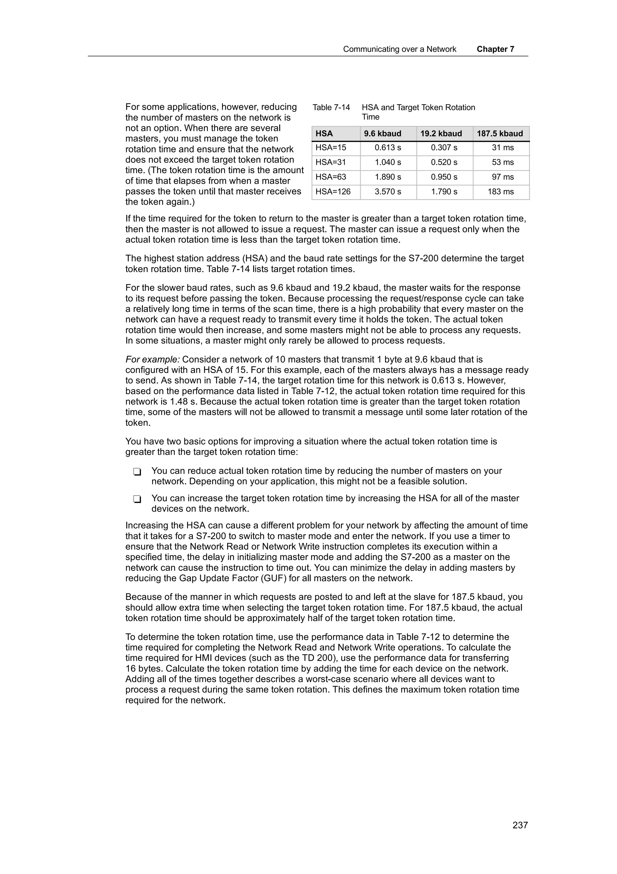 Communicating over a Network         Chapter 7




For some applications, however, reducing     Table 7-14      HSA and Target Token Rotation
the number of masters on the network is                      Time
not an option. When there are several
                                              HSA            9.6 kbaud      19.2 kbaud       187.5 kbaud
masters, you must manage the token
rotation time and ensure that the network     HSA=15            0.613 s        0.307 s          31 ms
does not exceed the target token rotation     HSA=31            1.040 s        0.520 s          53 ms
time. (The token rotation time is the amount
                                              HSA=63            1.890 s        0.950 s          97 ms
of time that elapses from when a master
passes the token until that master receives   HSA=126           3.570 s        1.790 s         183 ms
the token again.)
If the time required for the token to return to the master is greater than a target token rotation time,
then the master is not allowed to issue a request. The master can issue a request only when the
actual token rotation time is less than the target token rotation time.

The highest station address (HSA) and the baud rate settings for the S7-200 determine the target
token rotation time. Table 7-14 lists target rotation times.

For the slower baud rates, such as 9.6 kbaud and 19.2 kbaud, the master waits for the response
to its request before passing the token. Because processing the request/response cycle can take
a relatively long time in terms of the scan time, there is a high probability that every master on the
network can have a request ready to transmit every time it holds the token. The actual token
rotation time would then increase, and some masters might not be able to process any requests.
In some situations, a master might only rarely be allowed to process requests.

For example: Consider a network of 10 masters that transmit 1 byte at 9.6 kbaud that is
configured with an HSA of 15. For this example, each of the masters always has a message ready
to send. As shown in Table 7-14, the target rotation time for this network is 0.613 s. However,
based on the performance data listed in Table 7-12, the actual token rotation time required for this
network is 1.48 s. Because the actual token rotation time is greater than the target token rotation
time, some of the masters will not be allowed to transmit a message until some later rotation of the
token.

You have two basic options for improving a situation where the actual token rotation time is
greater than the target token rotation time:

 -    You can reduce actual token rotation time by reducing the number of masters on your
      network. Depending on your application, this might not be a feasible solution.
 -    You can increase the target token rotation time by increasing the HSA for all of the master
      devices on the network.
Increasing the HSA can cause a different problem for your network by affecting the amount of time
that it takes for a S7-200 to switch to master mode and enter the network. If you use a timer to
ensure that the Network Read or Network Write instruction completes its execution within a
specified time, the delay in initializing master mode and adding the S7-200 as a master on the
network can cause the instruction to time out. You can minimize the delay in adding masters by
reducing the Gap Update Factor (GUF) for all masters on the network.

Because of the manner in which requests are posted to and left at the slave for 187.5 kbaud, you
should allow extra time when selecting the target token rotation time. For 187.5 kbaud, the actual
token rotation time should be approximately half of the target token rotation time.

To determine the token rotation time, use the performance data in Table 7-12 to determine the
time required for completing the Network Read and Network Write operations. To calculate the
time required for HMI devices (such as the TD 200), use the performance data for transferring
16 bytes. Calculate the token rotation time by adding the time for each device on the network.
Adding all of the times together describes a worst-case scenario where all devices want to
process a request during the same token rotation. This defines the maximum token rotation time
required for the network.




                                                                                                     237
 