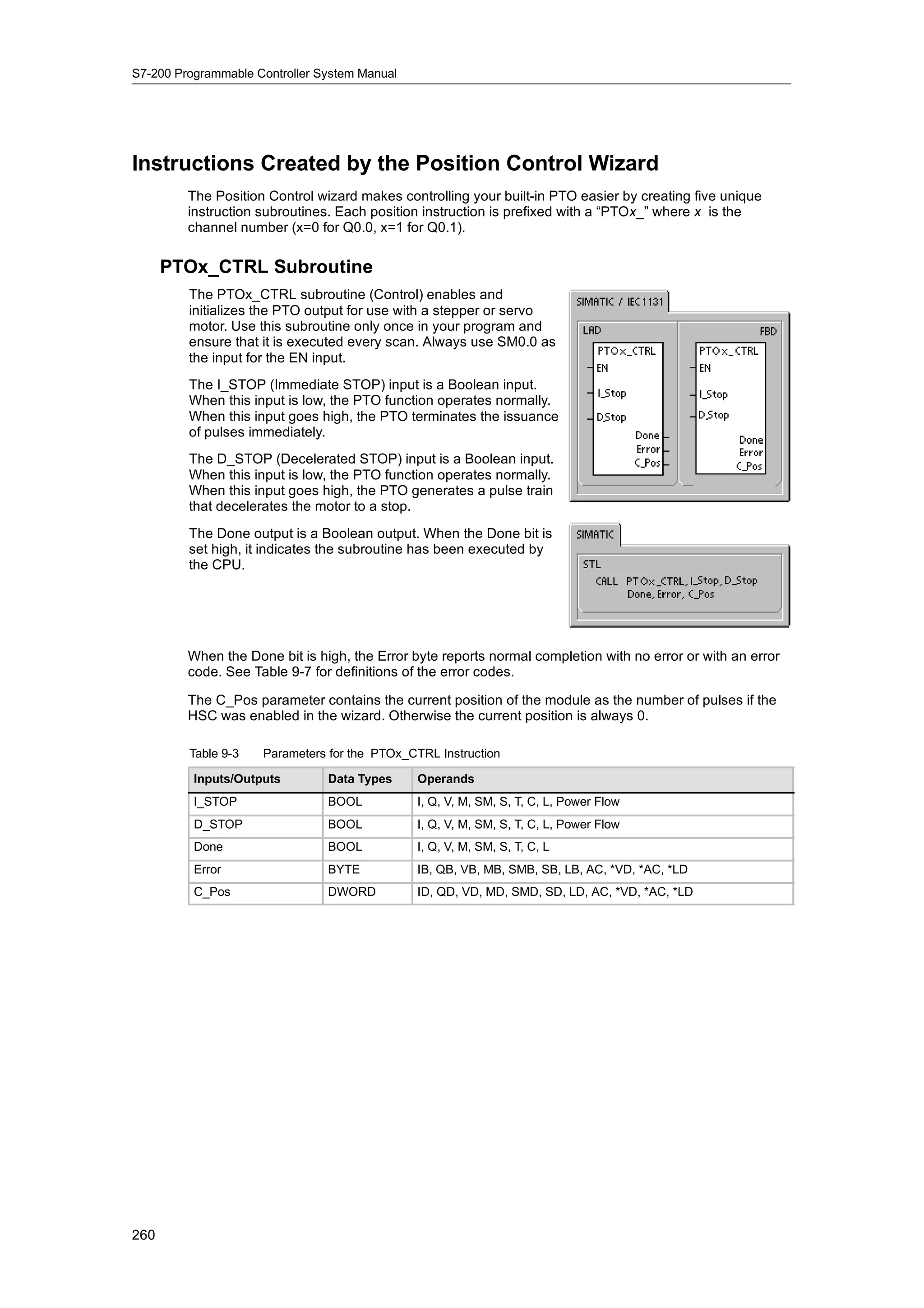 S7-200 Programmable Controller System Manual




Instructions Created by the Position Control Wizard
         The Position Control wizard makes controlling your built-in PTO easier by creating five unique
         instruction subroutines. Each position instruction is prefixed with a “PTOx_” where x is the
         channel number (x=0 for Q0.0, x=1 for Q0.1).

      PTOx_CTRL Subroutine
         The PTOx_CTRL subroutine (Control) enables and
         initializes the PTO output for use with a stepper or servo
         motor. Use this subroutine only once in your program and
         ensure that it is executed every scan. Always use SM0.0 as
         the input for the EN input.
         The I_STOP (Immediate STOP) input is a Boolean input.
         When this input is low, the PTO function operates normally.
         When this input goes high, the PTO terminates the issuance
         of pulses immediately.
         The D_STOP (Decelerated STOP) input is a Boolean input.
         When this input is low, the PTO function operates normally.
         When this input goes high, the PTO generates a pulse train
         that decelerates the motor to a stop.
         The Done output is a Boolean output. When the Done bit is
         set high, it indicates the subroutine has been executed by
         the CPU.




         When the Done bit is high, the Error byte reports normal completion with no error or with an error
         code. See Table 9-7 for definitions of the error codes.

         The C_Pos parameter contains the current position of the module as the number of pulses if the
         HSC was enabled in the wizard. Otherwise the current position is always 0.

         Table 9-3   Parameters for the PTOx_CTRL Instruction

          Inputs/Outputs        Data Types     Operands
          I_STOP                BOOL           I, Q, V, M, SM, S, T, C, L, Power Flow
          D_STOP                BOOL           I, Q, V, M, SM, S, T, C, L, Power Flow
          Done                  BOOL           I, Q, V, M, SM, S, T, C, L
          Error                 BYTE           IB, QB, VB, MB, SMB, SB, LB, AC, *VD, *AC, *LD
          C_Pos                 DWORD          ID, QD, VD, MD, SMD, SD, LD, AC, *VD, *AC, *LD




260
 