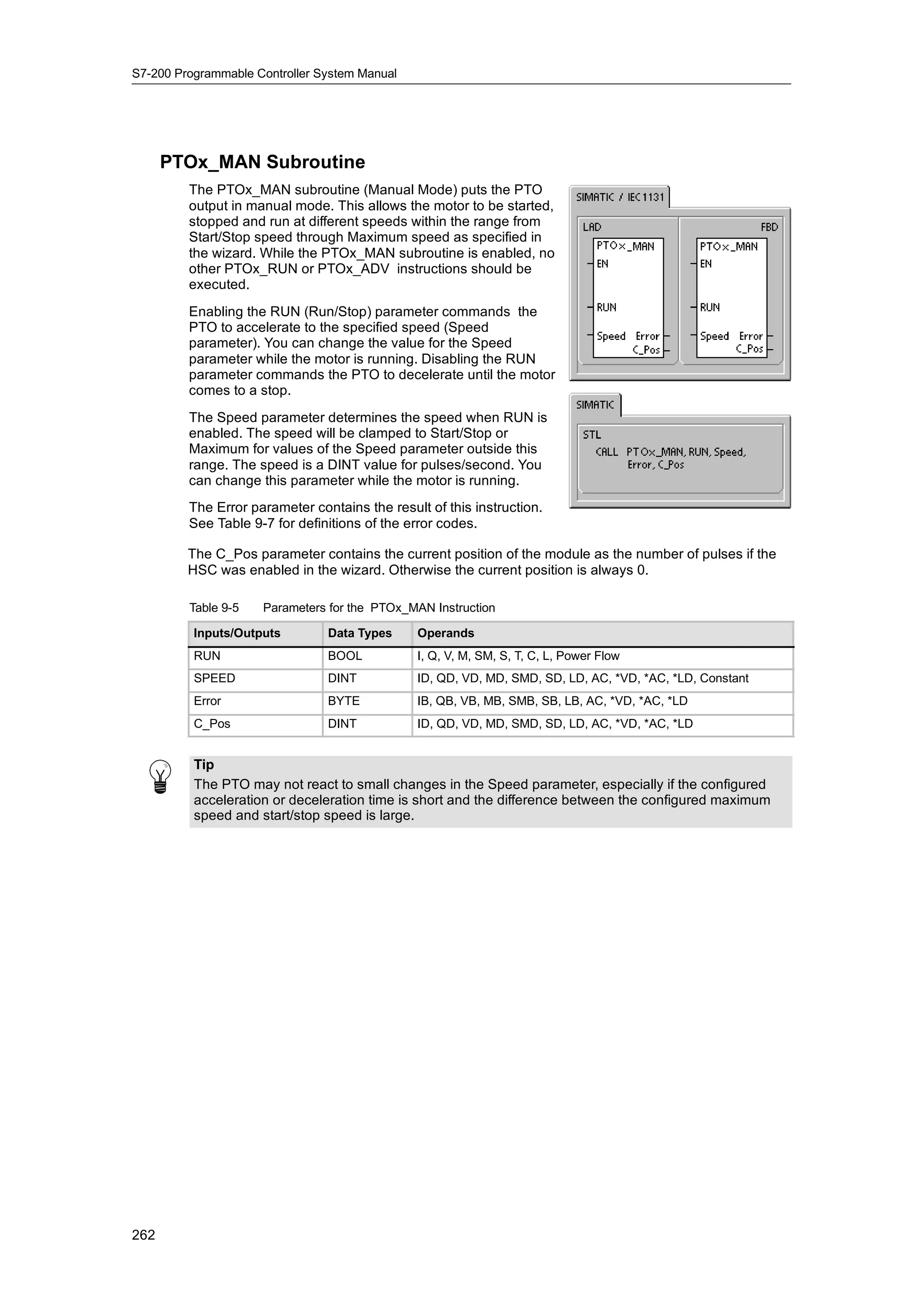 S7-200 Programmable Controller System Manual




      PTOx_MAN Subroutine
         The PTOx_MAN subroutine (Manual Mode) puts the PTO
         output in manual mode. This allows the motor to be started,
         stopped and run at different speeds within the range from
         Start/Stop speed through Maximum speed as specified in
         the wizard. While the PTOx_MAN subroutine is enabled, no
         other PTOx_RUN or PTOx_ADV instructions should be
         executed.
         Enabling the RUN (Run/Stop) parameter commands the
         PTO to accelerate to the specified speed (Speed
         parameter). You can change the value for the Speed
         parameter while the motor is running. Disabling the RUN
         parameter commands the PTO to decelerate until the motor
         comes to a stop.
         The Speed parameter determines the speed when RUN is
         enabled. The speed will be clamped to Start/Stop or
         Maximum for values of the Speed parameter outside this
         range. The speed is a DINT value for pulses/second. You
         can change this parameter while the motor is running.
         The Error parameter contains the result of this instruction.
         See Table 9-7 for definitions of the error codes.

         The C_Pos parameter contains the current position of the module as the number of pulses if the
         HSC was enabled in the wizard. Otherwise the current position is always 0.

         Table 9-5   Parameters for the PTOx_MAN Instruction

          Inputs/Outputs        Data Types     Operands
          RUN                   BOOL           I, Q, V, M, SM, S, T, C, L, Power Flow
          SPEED                 DINT           ID, QD, VD, MD, SMD, SD, LD, AC, *VD, *AC, *LD, Constant
          Error                 BYTE           IB, QB, VB, MB, SMB, SB, LB, AC, *VD, *AC, *LD
          C_Pos                 DINT           ID, QD, VD, MD, SMD, SD, LD, AC, *VD, *AC, *LD


          Tip
          The PTO may not react to small changes in the Speed parameter, especially if the configured
          acceleration or deceleration time is short and the difference between the configured maximum
          speed and start/stop speed is large.




262
 