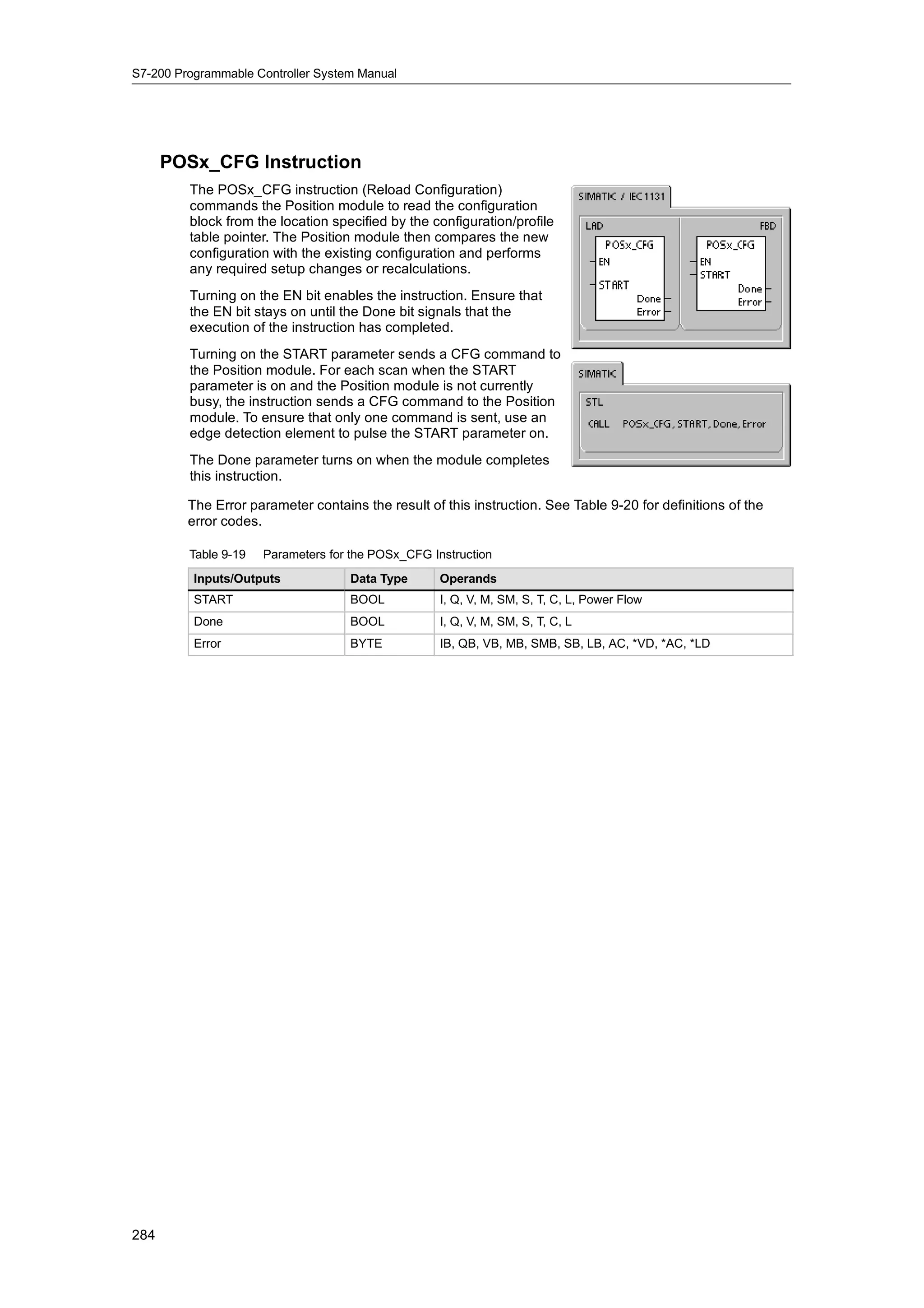 S7-200 Programmable Controller System Manual




      POSx_CFG Instruction
         The POSx_CFG instruction (Reload Configuration)
         commands the Position module to read the configuration
         block from the location specified by the configuration/profile
         table pointer. The Position module then compares the new
         configuration with the existing configuration and performs
         any required setup changes or recalculations.
         Turning on the EN bit enables the instruction. Ensure that
         the EN bit stays on until the Done bit signals that the
         execution of the instruction has completed.
         Turning on the START parameter sends a CFG command to
         the Position module. For each scan when the START
         parameter is on and the Position module is not currently
         busy, the instruction sends a CFG command to the Position
         module. To ensure that only one command is sent, use an
         edge detection element to pulse the START parameter on.
         The Done parameter turns on when the module completes
         this instruction.

         The Error parameter contains the result of this instruction. See Table 9-20 for definitions of the
         error codes.

         Table 9-19   Parameters for the POSx_CFG Instruction
          Inputs/Outputs            Data Type       Operands
          START                     BOOL            I, Q, V, M, SM, S, T, C, L, Power Flow
          Done                      BOOL            I, Q, V, M, SM, S, T, C, L
          Error                     BYTE            IB, QB, VB, MB, SMB, SB, LB, AC, *VD, *AC, *LD




284
 