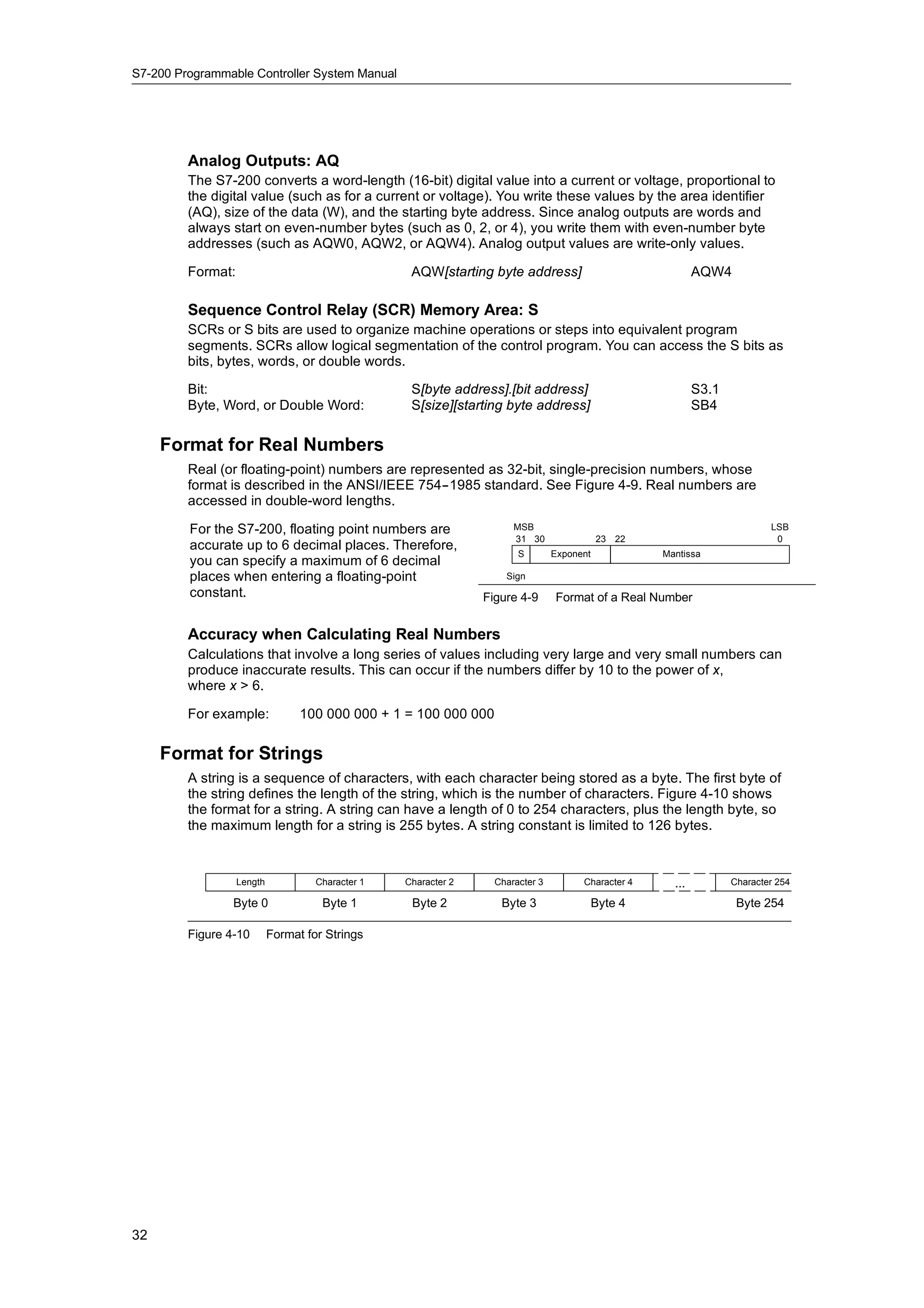 S7-200 Programmable Controller System Manual




         Analog Outputs: AQ
         The S7-200 converts a word-length (16-bit) digital value into a current or voltage, proportional to
         the digital value (such as for a current or voltage). You write these values by the area identifier
         (AQ), size of the data (W), and the starting byte address. Since analog outputs are words and
         always start on even-number bytes (such as 0, 2, or 4), you write them with even-number byte
         addresses (such as AQW0, AQW2, or AQW4). Analog output values are write-only values.

         Format:                                    AQW[starting byte address]                               AQW4

         Sequence Control Relay (SCR) Memory Area: S
         SCRs or S bits are used to organize machine operations or steps into equivalent program
         segments. SCRs allow logical segmentation of the control program. You can access the S bits as
         bits, bytes, words, or double words.

         Bit:                                       S[byte address].[bit address]                            S3.1
         Byte, Word, or Double Word:                S[size][starting byte address]                           SB4

     Format for Real Numbers
         Real (or floating-point) numbers are represented as 32-bit, single-precision numbers, whose
         format is described in the ANSI/IEEE 754--1985 standard. See Figure 4-9. Real numbers are
         accessed in double-word lengths.

         For the S7-200, floating point numbers are                    MSB                                                  LSB
                                                                       31 30                23 22                            0
         accurate up to 6 decimal places. Therefore,
                                                                        S        Exponent            Mantissa
         you can specify a maximum of 6 decimal
         places when entering a floating-point
         p                   g          gp                           Sign
         constant.
              t t                                                Figure 4-9      Format of a Real Number


         Accuracy when Calculating Real Numbers
         Calculations that involve a long series of values including very large and very small numbers can
         produce inaccurate results. This can occur if the numbers differ by 10 to the power of x,
         where x > 6.

         For example:             100 000 000 + 1 = 100 000 000

     Format for Strings
         A string is a sequence of characters, with each character being stored as a byte. The first byte of
         the string defines the length of the string, which is the number of characters. Figure 4-10 shows
         the format for a string. A string can have a length of 0 to 254 characters, plus the length byte, so
         the maximum length for a string is 255 bytes. A string constant is limited to 126 bytes.



                   Length            Character 1   Character 2     Character 3         Character 4     ...          Character 254

                 Byte 0               Byte 1        Byte 2          Byte 3                  Byte 4                   Byte 254

         Figure 4-10        Format for Strings




32
 