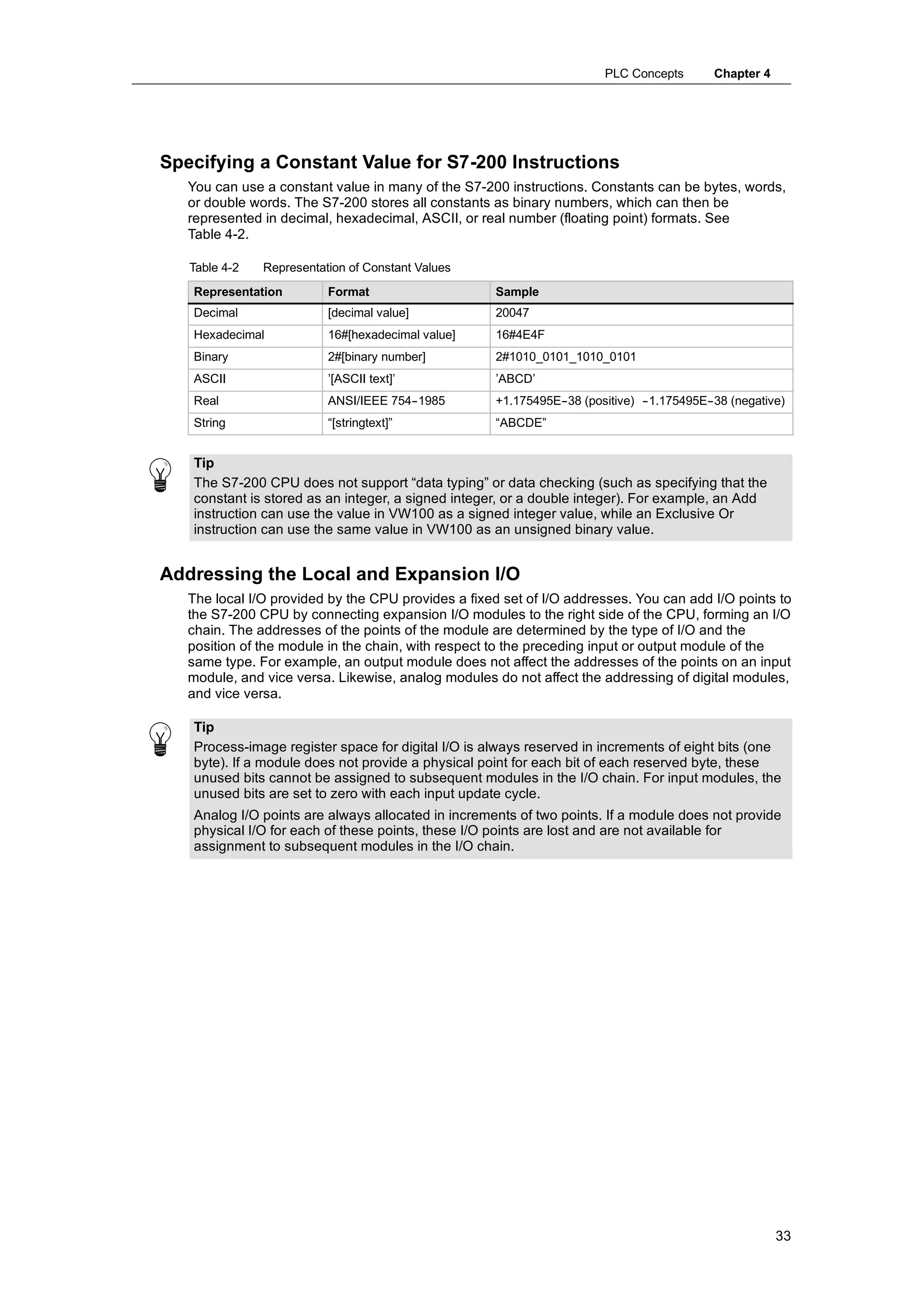 PLC Concepts       Chapter 4




Specifying a Constant Value for S7-200 Instructions
   You can use a constant value in many of the S7-200 instructions. Constants can be bytes, words,
   or double words. The S7-200 stores all constants as binary numbers, which can then be
   represented in decimal, hexadecimal, ASCII, or real number (floating point) formats. See
   Table 4-2.

   Table 4-2   Representation of Constant Values
   Representation         Format                    Sample
   Decimal                [decimal value]           20047
   Hexadecimal            16#[hexadecimal value]    16#4E4F
   Binary                 2#[binary number]         2#1010_0101_1010_0101
   ASCII                  ’[ASCII text]’            ’ABCD’
   Real                   ANSI/IEEE 754-
                                       -1985        +1.175495E-
                                                              -38 (positive) -
                                                                             -1.175495E-
                                                                                       -38 (negative)
   String                 “[stringtext]”            “ABCDE”


   Tip
   The S7-200 CPU does not support “data typing” or data checking (such as specifying that the
   constant is stored as an integer, a signed integer, or a double integer). For example, an Add
   instruction can use the value in VW100 as a signed integer value, while an Exclusive Or
   instruction can use the same value in VW100 as an unsigned binary value.


Addressing the Local and Expansion I/O
   The local I/O provided by the CPU provides a fixed set of I/O addresses. You can add I/O points to
   the S7-200 CPU by connecting expansion I/O modules to the right side of the CPU, forming an I/O
   chain. The addresses of the points of the module are determined by the type of I/O and the
   position of the module in the chain, with respect to the preceding input or output module of the
   same type. For example, an output module does not affect the addresses of the points on an input
   module, and vice versa. Likewise, analog modules do not affect the addressing of digital modules,
   and vice versa.

   Tip
   Process-image register space for digital I/O is always reserved in increments of eight bits (one
   byte). If a module does not provide a physical point for each bit of each reserved byte, these
   unused bits cannot be assigned to subsequent modules in the I/O chain. For input modules, the
   unused bits are set to zero with each input update cycle.
   Analog I/O points are always allocated in increments of two points. If a module does not provide
   physical I/O for each of these points, these I/O points are lost and are not available for
   assignment to subsequent modules in the I/O chain.




                                                                                                     33
 