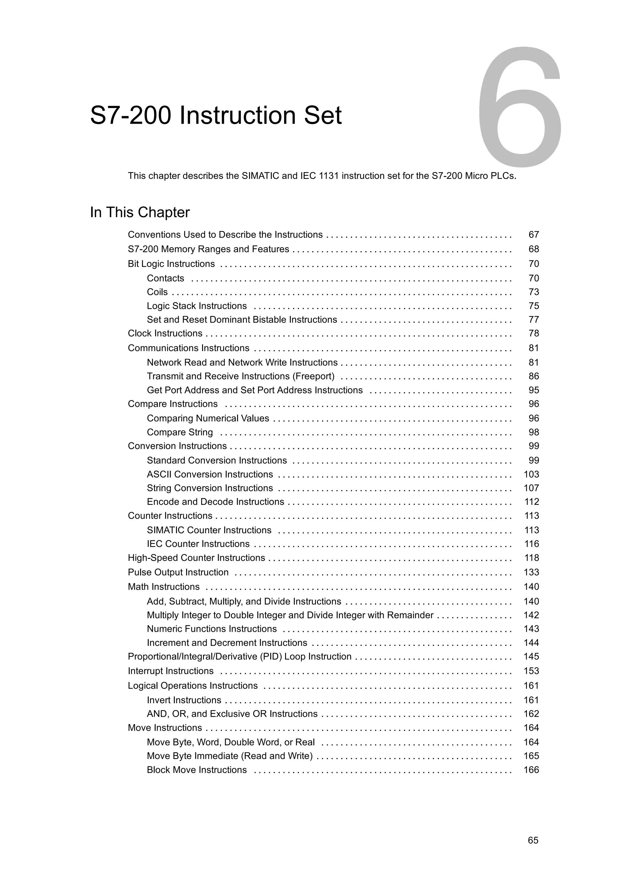 S7-200 Instruction Set

     This chapter describes the SIMATIC and IEC 1131 instruction set for the S7-200 Micro PLCs.



In This Chapter
     Conventions Used to Describe the Instructions . . . . . . . . . . . . . . . . . . . . . . . . . . . . . . . . . . . . . . .                                67
     S7-200 Memory Ranges and Features . . . . . . . . . . . . . . . . . . . . . . . . . . . . . . . . . . . . . . . . . . . . . .                              68
     Bit Logic Instructions . . . . . . . . . . . . . . . . . . . . . . . . . . . . . . . . . . . . . . . . . . . . . . . . . . . . . . . . . . . . .           70
         Contacts . . . . . . . . . . . . . . . . . . . . . . . . . . . . . . . . . . . . . . . . . . . . . . . . . . . . . . . . . . . . . . . . . . .         70
         Coils . . . . . . . . . . . . . . . . . . . . . . . . . . . . . . . . . . . . . . . . . . . . . . . . . . . . . . . . . . . . . . . . . . . . . . .    73
         Logic Stack Instructions . . . . . . . . . . . . . . . . . . . . . . . . . . . . . . . . . . . . . . . . . . . . . . . . . . . . . .                   75
         Set and Reset Dominant Bistable Instructions . . . . . . . . . . . . . . . . . . . . . . . . . . . . . . . . . . . .                                   77
     Clock Instructions . . . . . . . . . . . . . . . . . . . . . . . . . . . . . . . . . . . . . . . . . . . . . . . . . . . . . . . . . . . . . . . .         78
     Communications Instructions . . . . . . . . . . . . . . . . . . . . . . . . . . . . . . . . . . . . . . . . . . . . . . . . . . . . . .                    81
        Network Read and Network Write Instructions . . . . . . . . . . . . . . . . . . . . . . . . . . . . . . . . . . . .                                     81
        Transmit and Receive Instructions (Freeport) . . . . . . . . . . . . . . . . . . . . . . . . . . . . . . . . . . . .                                    86
        Get Port Address and Set Port Address Instructions . . . . . . . . . . . . . . . . . . . . . . . . . . . . . .                                          95
     Compare Instructions . . . . . . . . . . . . . . . . . . . . . . . . . . . . . . . . . . . . . . . . . . . . . . . . . . . . . . . . . . . .               96
        Comparing Numerical Values . . . . . . . . . . . . . . . . . . . . . . . . . . . . . . . . . . . . . . . . . . . . . . . . . .                          96
        Compare String . . . . . . . . . . . . . . . . . . . . . . . . . . . . . . . . . . . . . . . . . . . . . . . . . . . . . . . . . . . . .                98
     Conversion Instructions . . . . . . . . . . . . . . . . . . . . . . . . . . . . . . . . . . . . . . . . . . . . . . . . . . . . . . . . . . .              99
        Standard Conversion Instructions . . . . . . . . . . . . . . . . . . . . . . . . . . . . . . . . . . . . . . . . . . . . . .                            99
        ASCII Conversion Instructions . . . . . . . . . . . . . . . . . . . . . . . . . . . . . . . . . . . . . . . . . . . . . . . . .                        103
        String Conversion Instructions . . . . . . . . . . . . . . . . . . . . . . . . . . . . . . . . . . . . . . . . . . . . . . . . .                       107
        Encode and Decode Instructions . . . . . . . . . . . . . . . . . . . . . . . . . . . . . . . . . . . . . . . . . . . . . . .                           112
     Counter Instructions . . . . . . . . . . . . . . . . . . . . . . . . . . . . . . . . . . . . . . . . . . . . . . . . . . . . . . . . . . . . . .          113
         SIMATIC Counter Instructions . . . . . . . . . . . . . . . . . . . . . . . . . . . . . . . . . . . . . . . . . . . . . . . . .                        113
         IEC Counter Instructions . . . . . . . . . . . . . . . . . . . . . . . . . . . . . . . . . . . . . . . . . . . . . . . . . . . . . .                  116
     High-Speed Counter Instructions . . . . . . . . . . . . . . . . . . . . . . . . . . . . . . . . . . . . . . . . . . . . . . . . . . .                     118
     Pulse Output Instruction . . . . . . . . . . . . . . . . . . . . . . . . . . . . . . . . . . . . . . . . . . . . . . . . . . . . . . . . . .              133
     Math Instructions . . . . . . . . . . . . . . . . . . . . . . . . . . . . . . . . . . . . . . . . . . . . . . . . . . . . . . . . . . . . . . . .         140
         Add, Subtract, Multiply, and Divide Instructions . . . . . . . . . . . . . . . . . . . . . . . . . . . . . . . . . . .                                140
         Multiply Integer to Double Integer and Divide Integer with Remainder . . . . . . . . . . . . . . . .                                                  142
         Numeric Functions Instructions . . . . . . . . . . . . . . . . . . . . . . . . . . . . . . . . . . . . . . . . . . . . . . . .                        143
         Increment and Decrement Instructions . . . . . . . . . . . . . . . . . . . . . . . . . . . . . . . . . . . . . . . . . .                              144
     Proportional/Integral/Derivative (PID) Loop Instruction . . . . . . . . . . . . . . . . . . . . . . . . . . . . . . . . .                                 145
     Interrupt Instructions . . . . . . . . . . . . . . . . . . . . . . . . . . . . . . . . . . . . . . . . . . . . . . . . . . . . . . . . . . . . .          153
     Logical Operations Instructions . . . . . . . . . . . . . . . . . . . . . . . . . . . . . . . . . . . . . . . . . . . . . . . . . . . .                   161
        Invert Instructions . . . . . . . . . . . . . . . . . . . . . . . . . . . . . . . . . . . . . . . . . . . . . . . . . . . . . . . . . . . .            161
        AND, OR, and Exclusive OR Instructions . . . . . . . . . . . . . . . . . . . . . . . . . . . . . . . . . . . . . . . .                                 162
     Move Instructions . . . . . . . . . . . . . . . . . . . . . . . . . . . . . . . . . . . . . . . . . . . . . . . . . . . . . . . . . . . . . . . .         164
            Move Byte, Word, Double Word, or Real . . . . . . . . . . . . . . . . . . . . . . . . . . . . . . . . . . . . . . . .                              164
            Move Byte Immediate (Read and Write) . . . . . . . . . . . . . . . . . . . . . . . . . . . . . . . . . . . . . . . . .                             165
            Block Move Instructions . . . . . . . . . . . . . . . . . . . . . . . . . . . . . . . . . . . . . . . . . . . . . . . . . . . . . .                166




                                                                                                                                                               65
 