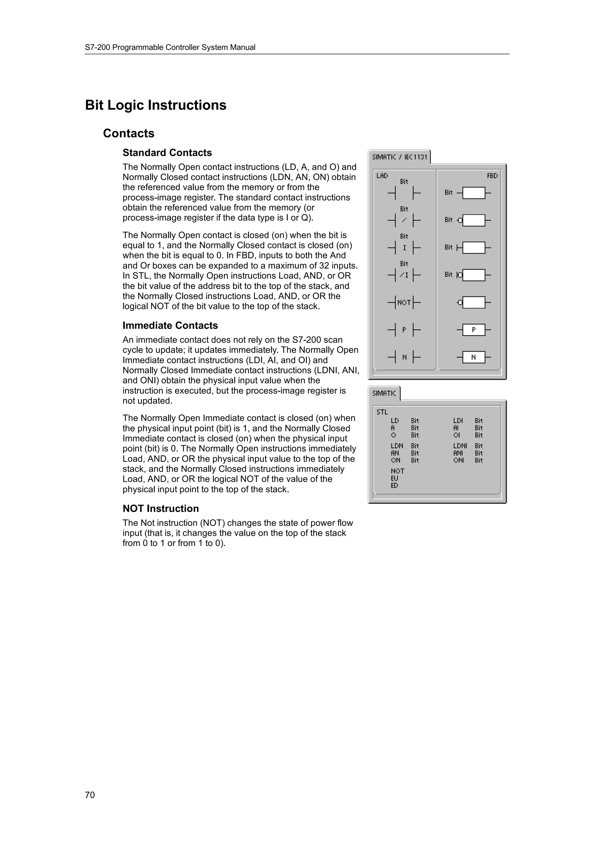 S7-200 Programmable Controller System Manual




Bit Logic Instructions
     Contacts
         Standard Contacts
         The Normally Open contact instructions (LD, A, and O) and
         Normally Closed contact instructions (LDN, AN, ON) obtain
         the referenced value from the memory or from the
         process-image register. The standard contact instructions
         obtain the referenced value from the memory (or
         process-image register if the data type is I or Q).
         The Normally Open contact is closed (on) when the bit is
         equal to 1, and the Normally Closed contact is closed (on)
         when the bit is equal to 0. In FBD, inputs to both the And
         and Or boxes can be expanded to a maximum of 32 inputs.
         In STL, the Normally Open instructions Load, AND, or OR
         the bit value of the address bit to the top of the stack, and
         the Normally Closed instructions Load, AND, or OR the
         logical NOT of the bit value to the top of the stack.

         Immediate Contacts
         An immediate contact does not rely on the S7-200 scan
         cycle to update; it updates immediately. The Normally Open
         Immediate contact instructions (LDI, AI, and OI) and
         Normally Closed Immediate contact instructions (LDNI, ANI,
         and ONI) obtain the physical input value when the
         instruction is executed, but the process-image register is
         not updated.
         The Normally Open Immediate contact is closed (on) when
         the physical input point (bit) is 1, and the Normally Closed
         Immediate contact is closed (on) when the physical input
         point (bit) is 0. The Normally Open instructions immediately
         Load, AND, or OR the physical input value to the top of the
         stack, and the Normally Closed instructions immediately
         Load, AND, or OR the logical NOT of the value of the
         physical input point to the top of the stack.

         NOT Instruction
         The Not instruction (NOT) changes the state of power flow
         input (that is, it changes the value on the top of the stack
         from 0 to 1 or from 1 to 0).




70
 