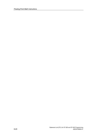 Floating-Point Math Instructions
Statement List (STL) for S7-300 and S7-400 Programming
8-20 A5E00706960-01
 