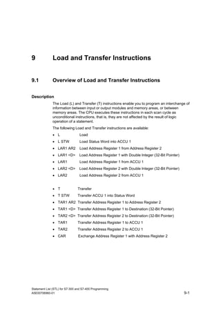 Statement List (STL) for S7-300 and S7-400 Programming
A5E00706960-01 9-1
9 Load and Transfer Instructions
9.1 Overview of Load and Transfer Instructions
Description
The Load (L) and Transfer (T) instructions enable you to program an interchange of
information between input or output modules and memory areas, or between
memory areas. The CPU executes these instructions in each scan cycle as
unconditional instructions, that is, they are not affected by the result of logic
operation of a statement.
The following Load and Transfer instructions are available:
• L Load
• L STW Load Status Word into ACCU 1
• LAR1 AR2 Load Address Register 1 from Address Register 2
• LAR1 <D> Load Address Register 1 with Double Integer (32-Bit Pointer)
• LAR1 Load Address Register 1 from ACCU 1
• LAR2 <D> Load Address Register 2 with Double Integer (32-Bit Pointer)
• LAR2 Load Address Register 2 from ACCU 1
• T Transfer
• T STW Transfer ACCU 1 into Status Word
• TAR1 AR2 Transfer Address Register 1 to Address Register 2
• TAR1 <D> Transfer Address Register 1 to Destination (32-Bit Pointer)
• TAR2 <D> Transfer Address Register 2 to Destination (32-Bit Pointer)
• TAR1 Transfer Address Register 1 to ACCU 1
• TAR2 Transfer Address Register 2 to ACCU 1
• CAR Exchange Address Register 1 with Address Register 2
 