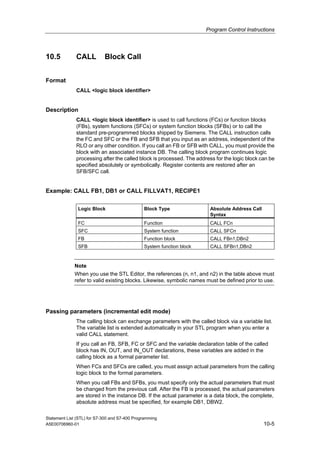 Program Control Instructions
Statement List (STL) for S7-300 and S7-400 Programming
A5E00706960-01 10-5
10.5 CALL Block Call
Format
CALL <logic block identifier>
Description
CALL <logic block identifier> is used to call functions (FCs) or function blocks
(FBs), system functions (SFCs) or system function blocks (SFBs) or to call the
standard pre-programmed blocks shipped by Siemens. The CALL instruction calls
the FC and SFC or the FB and SFB that you input as an address, independent of the
RLO or any other condition. If you call an FB or SFB with CALL, you must provide the
block with an associated instance DB. The calling block program continues logic
processing after the called block is processed. The address for the logic block can be
specified absolutely or symbolically. Register contents are restored after an
SFB/SFC call.
Example: CALL FB1, DB1 or CALL FILLVAT1, RECIPE1
Logic Block Block Type Absolute Address Call
Syntax
FC Function CALL FCn
SFC System function CALL SFCn
FB Function block CALL FBn1,DBn2
SFB System function block CALL SFBn1,DBn2
Note
When you use the STL Editor, the references (n, n1, and n2) in the table above must
refer to valid existing blocks. Likewise, symbolic names must be defined prior to use.
Passing parameters (incremental edit mode)
The calling block can exchange parameters with the called block via a variable list.
The variable list is extended automatically in your STL program when you enter a
valid CALL statement.
If you call an FB, SFB, FC or SFC and the variable declaration table of the called
block has IN, OUT, and IN_OUT declarations, these variables are added in the
calling block as a formal parameter list.
When FCs and SFCs are called, you must assign actual parameters from the calling
logic block to the formal parameters.
When you call FBs and SFBs, you must specify only the actual parameters that must
be changed from the previous call. After the FB is processed, the actual parameters
are stored in the instance DB. If the actual parameter is a data block, the complete,
absolute address must be specified, for example DB1, DBW2.
 