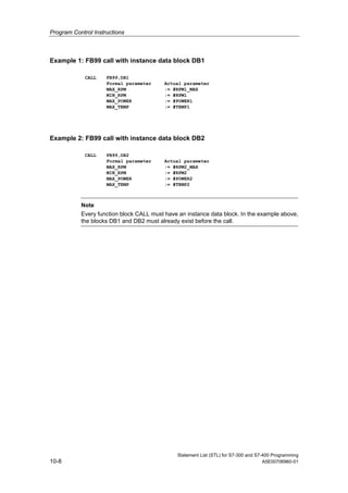 Program Control Instructions
Statement List (STL) for S7-300 and S7-400 Programming
10-8 A5E00706960-01
Example 1: FB99 call with instance data block DB1
CALL FB99,DB1
Formal parameter Actual parameter
MAX_RPM := #RPM1_MAX
MIN_RPM := #RPM1
MAX_POWER := #POWER1
MAX_TEMP := #TEMP1
Example 2: FB99 call with instance data block DB2
CALL FB99,DB2
Formal parameter Actual parameter
MAX_RPM := #RPM2_MAX
MIN_RPM := #RPM2
MAX_POWER := #POWER2
MAX_TEMP := #TEMP2
Note
Every function block CALL must have an instance data block. In the example above,
the blocks DB1 and DB2 must already exist before the call.
 