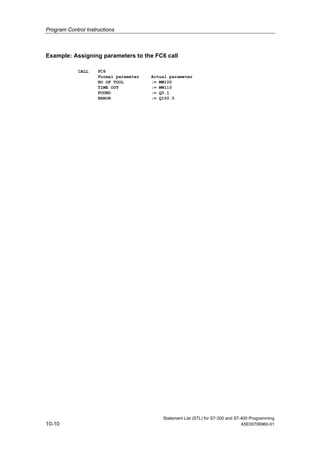Program Control Instructions
Statement List (STL) for S7-300 and S7-400 Programming
10-10 A5E00706960-01
Example: Assigning parameters to the FC6 call
CALL FC6
Formal parameter Actual parameter
NO OF TOOL := MW100
TIME OUT := MW110
FOUND := Q0.1
ERROR := Q100.0
 
