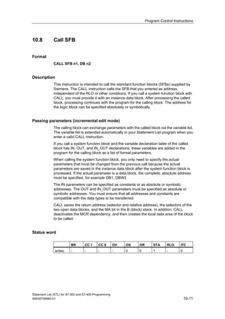 Program Control Instructions
Statement List (STL) for S7-300 and S7-400 Programming
A5E00706960-01 10-11
10.8 Call SFB
Format
CALL SFB n1, DB n2
Description
This instruction is intended to call the standard function blocks (SFBs) supplied by
Siemens. The CALL instruction calls the SFB that you entered as address,
independent of the RLO or other conditions. If you call a system function block with
CALL, you must provide it with an instance data block. After processing the called
block, processing continues with the program for the calling block. The address for
the logic block can be specified absolutely or symbolically.
Passing parameters (incremental edit mode)
The calling block can exchange parameters with the called block via the variable list.
The variable list is extended automatically in your Statement List program when you
enter a valid CALL instruction.
If you call a system function block and the variable declaration table of the called
block has IN, OUT, and IN_OUT declarations, these variables are added in the
program for the calling block as a list of formal parameters.
When calling the system function block, you only need to specify the actual
parameters that must be changed from the previous call because the actual
parameters are saved in the instance data block after the system function block is
processed. If the actual parameter is a data block, the complete, absolute address
must be specified, for example DB1, DBW2.
The IN parameters can be specified as constants or as absolute or symbolic
addresses. The OUT and IN_OUT parameters must be specified as absolute or
symbolic addresses. You must ensure that all addresses and constants are
compatible with the data types to be transferred.
CALL saves the return address (selector and relative address), the selectors of the
two open data blocks, and the MA bit in the B (block) stack. In addition, CALL
deactivates the MCR dependency, and then creates the local data area of the block
to be called.
Status word
BR CC 1 CC 0 OV OS OR STA RLO /FC
writes: - - - - 0 0 1 - 0
 