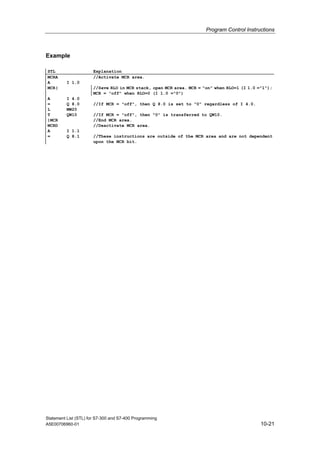 Program Control Instructions
Statement List (STL) for S7-300 and S7-400 Programming
A5E00706960-01 10-21
Example
STL Explanation
MCRA //Activate MCR area.
A I 1.0
MCR( //Save RLO in MCR stack, open MCR area. MCR = "on" when RLO=1 (I 1.0 ="1");
MCR = "off" when RLO=0 (I 1.0 ="0")
A I 4.0
= Q 8.0 //If MCR = "off", then Q 8.0 is set to "0" regardless of I 4.0.
L MW20
T QW10 //If MCR = "off", then "0" is transferred to QW10.
)MCR //End MCR area.
MCRD //Deactivate MCR area.
A I 1.1
= Q 8.1 //These instructions are outside of the MCR area and are not dependent
upon the MCR bit.
 