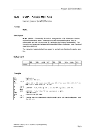 Program Control Instructions
Statement List (STL) for S7-300 and S7-400 Programming
A5E00706960-01 10-23
10.18 MCRA Activate MCR Area
Important Notes on Using MCR Functions
Format
MCRA
Description
MCRA (Master Control Relay Activation) energizes the MCR dependency for the
instructions following after it. The instruction MCRA must always be used in
combination with the instruction MCRD (Master Control Relay Deactivation). The
instructions programmed between MCRA and MCRD are dependent upon the signal
state of the MCR bit.
The instruction is executed without regard to, and without affecting, the status word
bits.
Status word
BR CC 1 CC 0 OV OS OR STA RLO /FC
writes: - - - - - - - - -
Example
STL Explanation
MCRA //Activate MCR area.
A I 1.0
MCR( //Save RLO in MCR stack, open MCR area. MCR = "on" when RLO=1 (I 1.0 ="1");
MCR = "off" when RLO=0 (I 1.0 ="0")
A I 4.0
= Q 8.0 //If MCR = "off," then Q 8.0 is set to "0" regardless of I 4.0.
L MW20
T QW10 //If MCR = "off," then "0" is transferred to QW10.
)MCR //End MCR area.
MCRD //Deactivate MCR area.
A I 1.1
= Q 8.1 //These instructions are outside of the MCR area and are not dependent upon
the MCR bit.
 