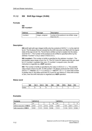 Shift and Rotate Instructions
Statement List (STL) for S7-300 and S7-400 Programming
11-2 A5E00706960-01
11.1.2 SSI Shift Sign Integer (16-Bit)
Formate
SSI
SSI <number>
Address Data type Description
<number> integer, unsigned number of bit positions to be shifted, range
from 0 to 15
Description
SSI (shift right with sign integer) shifts only the contents of ACCU 1- L to the right bit
by bit. The bit places that are vacated by the shift instruction are filled with the signal
state of the sign bit (bit 15). The bit that is shifted out last is loaded into the status
word bit CC 1. The number of bit positions to be shifted is specified either by the
address <number> or by a value in ACCU 2-L-L.
SSI <number>: The number of shifts is specified by the address <number>. The
permissible value range is from 0 to 15. The CC 0 and OV status word bits are reset
to 0 if <number> is greater than zero. If <number> is equal to zero, the shift
instruction is regarded as a NOP operation.
SSI: The number of shifts is specified by the value in ACCU 2- L- L. The possible
value range is from 0 to 255. A shift number >16 always produces the same result
(ACCU 1 = 16#0000, CC 1 = 0, or ACCU 1 = 16#FFFF, CC 1 = 1). If the shift number
is greater than 0, the status word bits CC 0 and OV are reset to 0. If the shift number
is zero, then the shift instruction is regarded as a NOP operation.
Status word
BR CC 1 CC 0 OV OS OR STA RLO /FC
writes: - x x x - - - - -
Examples
Contents ACCU1-H ACCU1-L
Bit 31 . . . . . . . . . . 16 15 . . . . . . . . . . 0
before execution of SSI 6 0101 1111 0110 0100 1001 1101 0011 1011
after execution of SSI 6 0101 1111 0110 0100 1111 1110 0111 0100
 