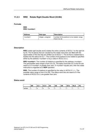 Shift and Rotate Instructions
Statement List (STL) for S7-300 and S7-400 Programming
A5E00706960-01 11-17
11.2.3 RRD Rotate Right Double Word (32-Bit)
Formate
RRD
RRD <number>
Address Data type Description
<number> integer, unsigned number of bit positions to be rotated, range
from 0 to 32
Description
RRD (rotate right double word) rotates the entire contents of ACCU 1 to the right bit
by bit. The bit places that are vacated by the rotate instruction are filled with the
signal states of the bits that are shifted out of ACCU 1. The bit that is rotated last is
loaded into the status bit CC 1. The number of bit positions to be rotated is specified
either by the address <number> or by a value in ACCU 2-L-L.
RRD <number>: The number of rotations is specified by the address <number>.
The permissible value range is from 0 to 32. The status word bits CC 0 and OV are
reset to 0 if <number> is greater than zero. If <number> equals zero, then the rotate
instruction is regarded as a NOP operation.
RRD: The number of rotations is specified by the value in ACCU 2- L- L. The
possible value range is from 0 to 255. The status word bits are reset to 0 if the
contents of ACCU 2-L-L are greater than zero.
Status word
BR CC 1 CC 0 OV OS OR STA RLO /FC
writes: - x x x - - - - -
 
