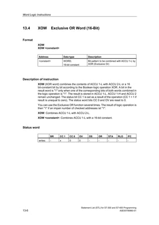 Word Logic Instructions
Statement List (STL) for S7-300 and S7-400 Programming
13-6 A5E00706960-01
13.4 XOW Exclusive OR Word (16-Bit)
Format
XOW
XOW <constant>
Address Data type Description
<constant> WORD,
16-bit constant
Bit pattern to be combined with ACCU 1-L by
XOR (Exclusive Or)
Description of instruction
XOW (XOR word) combines the contents of ACCU 1-L with ACCU 2-L or a 16
bit-constant bit by bit according to the Boolean logic operation XOR. A bit in the
result word is "1" only when one of the corresponding bits of both words combined in
the logic operation is "1". The result is stored in ACCU 1-L. ACCU 1-H and ACCU 2
remain unchanged. The status bit CC 1 is set as a result of the operation (CC 1 = 1 if
result is unequal to zero). The status word bits CC 0 and OV are reset to 0.
You can use the Exclusive OR function several times. The result of logic operation is
then "1" if an impair number of checked addresses ist "1".
XOW: Combines ACCU 1-L with ACCU 2-L.
XOW <constant>: Combines ACCU 1-L with a 16-bit constant.
Status word
BR CC 1 CC 0 OV OS OR STA RLO /FC
writes: - x 0 0 - - - - -
 