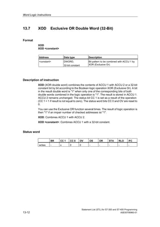 Word Logic Instructions
Statement List (STL) for S7-300 and S7-400 Programming
13-12 A5E00706960-01
13.7 XOD Exclusive OR Double Word (32-Bit)
Format
XOD
XOD <constant>
Address Data type Description
<constant> DWORD,
32-bit constant
Bit pattern to be combined with ACCU 1 by
XOR (Exclusive Or).
Description of instruction
XOD (XOR double word) combines the contents of ACCU 1 with ACCU 2 or a 32-bit
constant bit by bit according to the Boolean logic operation XOR (Exclusive Or). A bit
in the result double word is "1" when only one of the corresponding bits of both
double words combined in the logic operation is "1". The result is stored in ACCU 1.
ACCU 2 remains unchanged. The status bit CC 1 is set as a result of the operation
(CC 1 = 1 if result is not equal to zero). The status word bits CC 0 and OV are reset to
0.
You can use the Exclusive OR function several times. The result of logic operation is
then "1" if an impair number of checked addresses ist "1".
XOD: Combines ACCU 1 with ACCU 2.
XOD <constant>: Combines ACCU 1 with a 32-bit constant.
Status word
BR CC 1 CC 0 OV OS OR STA RLO /FC
writes: - x 0 0 - - - - -
 