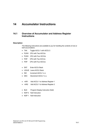 Statement List (STL) for S7-300 and S7-400 Programming
A5E00706960-01 14-1
14 Accumulator Instructions
14.1 Overview of Accumulator and Address Register
Instructions
Description
The following instructions are available to you for handling the contents of one or
both accumulators:
• TAK Toggle ACCU 1 with ACCU 2
• PUSH CPU with Two ACCUs
• PUSH CPU with Four ACCUs
• POP CPU with Two ACCUs
• POP CPU with Four ACCUs
• ENT Enter ACCU Stack
• LEAVE Leave ACCU Stack
• INC Increment ACCU 1-L-L
• DEC Decrement ACCU 1-L-L
• +AR1 Add ACCU 1 to Address Register 1
• +AR2 Add ACCU 1 to Address Register 2
• BLD Program Display Instruction (Null)
• NOP 0 Null Instruction
• NOP 1 Null Instruction
 
