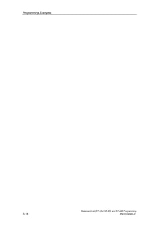 Programming Examples
Statement List (STL) for S7-300 and S7-400 Programming
B-14 A5E00706960-01
 