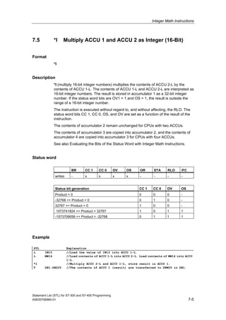 Integer Math Instructions
Statement List (STL) for S7-300 and S7-400 Programming
A5E00706960-01 7-5
7.5 *I Multiply ACCU 1 and ACCU 2 as Integer (16-Bit)
Format
*I
Description
*I (multiply 16-bit integer numbers) multiplies the contents of ACCU 2-L by the
contents of ACCU 1-L. The contents of ACCU 1-L and ACCU 2-L are interpreted as
16-bit integer numbers. The result is stored in accumulator 1 as a 32-bit integer
number. If the status word bits are OV1 = 1 and OS = 1, the result is outside the
range of a 16-bit integer number.
The instruction is executed without regard to, and without affecting, the RLO. The
status word bits CC 1, CC 0, OS, and OV are set as a function of the result of the
instruction.
The contents of accumulator 2 remain unchanged for CPUs with two ACCUs.
The contents of accumulator 3 are copied into accumulator 2, and the contents of
accumulator 4 are copied into accumulator 3 for CPUs with four ACCUs.
See also Evaluating the Bits of the Status Word with Integer Math Instructions.
Status word
BR CC 1 CC 0 OV OS OR STA RLO /FC
writes: - x x x x - - - -
Status bit generation CC 1 CC 0 OV OS
Product = 0 0 0 0 -
-32768 <= Product < 0 0 1 0 -
32767 >= Product > 0 1 0 0 -
1073741824 >= Product > 32767 1 0 1 1
-1073709056 <= Product < -32768 0 1 1 1
Example
STL Explanation
L IW10 //Load the value of IW10 into ACCU 1-L.
L MW14 //Load contents of ACCU 1-L into ACCU 2-L. Load contents of MW14 into ACCU
1-L.
*I //Multiply ACCU 2-L and ACCU 1-L, store result in ACCU 1.
T DB1.DBD25 //The contents of ACCU 1 (result) are transferred to DBW25 in DB1.
 