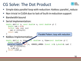 CG	Solve:	The	Dot	Product
16
double dot(int n, View<const double*> x, View<const double*> y) {
double x_dot_y = 0.0;
parallel_reduce("Dot",n, KOKKOS_LAMBDA (const int& i,double& sum) {
sum += x[i]*y[i];
}, x_dot_y);
return x_dot_y;
}
§ Simple	data	parallel	loop	with	reduction:	Kokkos::parallel_reduce
§ Non	trivial	in	CUDA	due	to	lack	of	built-in	reduction	support
§ Bandwidth	bound
§ Serial	Implementation:	
§ Kokkos	Implementation:
double dot(int n, const double* x, const double* y) {
double sum = 0.0;
for(int i=0; i<n; i++)
sum += x[i]*y[i];
return sum;
} Parallel Pattern: loop with reduction
 