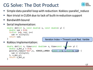 CG	Solve:	The	Dot	Product
17
double dot(int n, View<const double*> x, View<const double*> y) {
double x_dot_y = 0.0;
parallel_reduce("Dot",n, KOKKOS_LAMBDA (const int& i,double& sum) {
sum += x[i]*y[i];
}, x_dot_y);
return x_dot_y;
}
§ Simple	data	parallel	loop	with	reduction:	Kokkos::parallel_reduce
§ Non	trivial	in	CUDA	due	to	lack	of	built-in	reduction	support
§ Bandwidth	bound
§ Serial	Implementation:	
§ Kokkos	Implementation:
double dot(int n, const double* x, const double* y) {
double sum = 0.0;
for(int i=0; i<n; i++)
sum += x[i]*y[i];
return sum;
} Iteration Index + Thread-Local Red. Varible
 