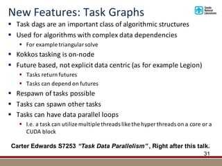 New	Features:	Task	Graphs
§ Task	dags are	an	important	class	of	algorithmic	structures
§ Used	for	algorithms	with	complex	data	dependencies
§ For	example	triangular	solve
§ Kokkos	tasking	is	on-node
§ Future	based,	not	explicit	data	centric	(as	for	example	Legion)
§ Tasks	return	futures
§ Tasks	can	depend	on	futures
§ Respawn	of	tasks	possible
§ Tasks	can	spawn	other	tasks
§ Tasks	can	have	data	parallel	loops	
§ I.e.	a	task	can	utilize	multiple	threads	like	the	hyper	threads	on	a	core	or	a	
CUDA	block
31
Carter Edwards S7253 “Task Data Parallelism” , Right after this talk.
 