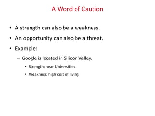 A Word of Caution
• A strength can also be a weakness.
• An opportunity can also be a threat.
• Example:
– Google is located in Silicon Valley.
• Strength: near Universities
• Weakness: high cost of living
 