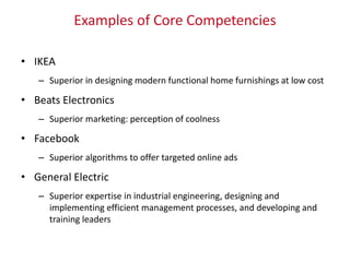 Examples of Core Competencies
• IKEA
– Superior in designing modern functional home furnishings at low cost
• Beats Electronics
– Superior marketing: perception of coolness
• Facebook
– Superior algorithms to offer targeted online ads
• General Electric
– Superior expertise in industrial engineering, designing and
implementing efficient management processes, and developing and
training leaders
 