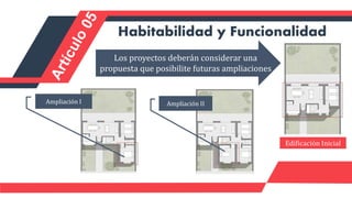 Los proyectos deberán considerar una
propuesta que posibilite futuras ampliaciones
Habitabilidad y Funcionalidad
Ampliación I Ampliación II
Edificación Inicial
 