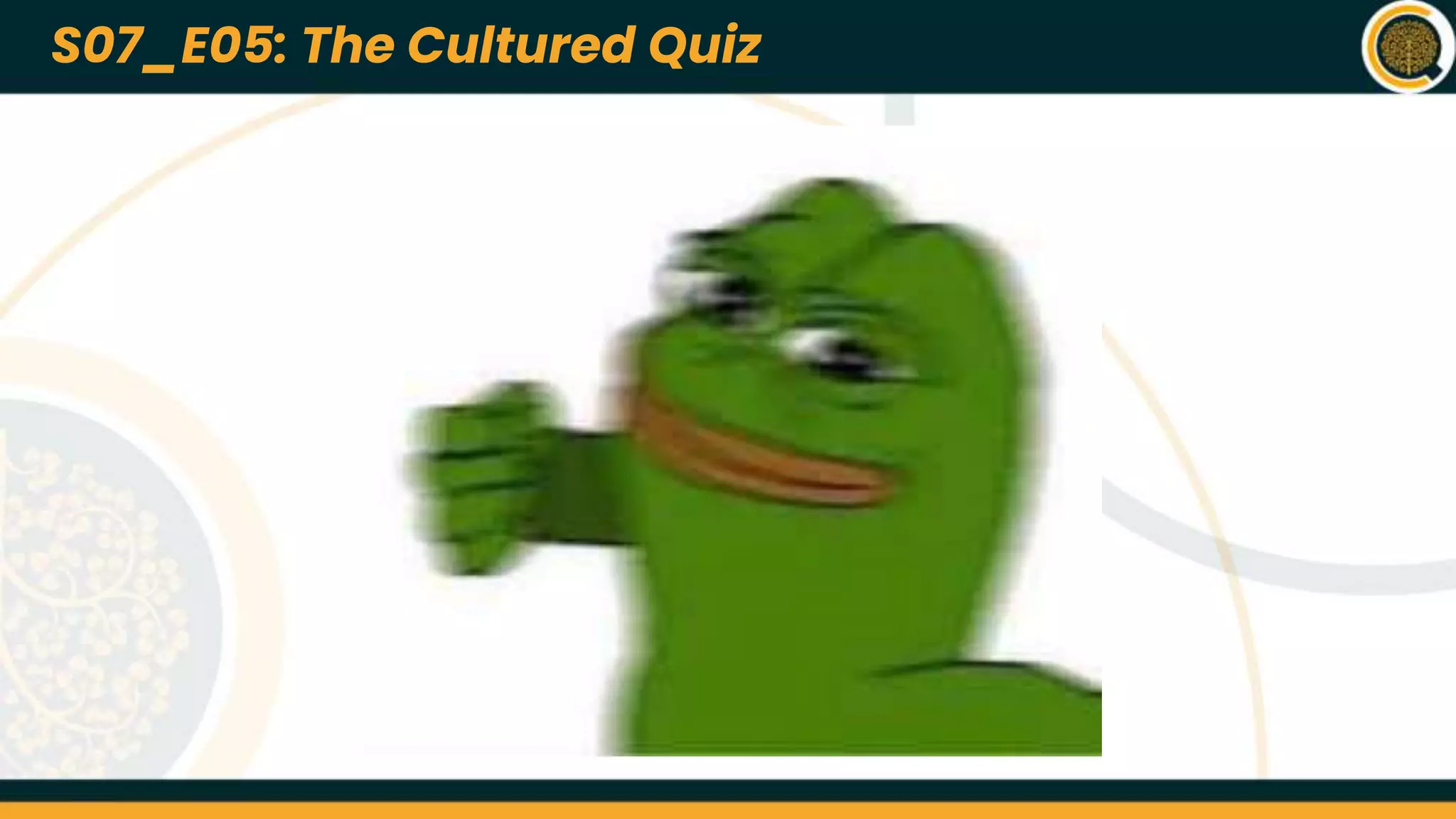 S07_E01: *NAME OF THE QUIZ*
Lorem ipsum dolor sit amet, consectetur adipiscing elit, sed do eiusmod tempor
incididunt ut labore et dolore magna aliqua. At quis risus sed vulputate odio ut. Urna
nec tincidunt praesent semper feugiat nibh sed pulvinar. Enim ut sem viverra aliquet.
Platea dictumst vestibulum rhoncus est pellentesque elit. Vitae proin sagittis nisl
rhoncus manyu rhoncus urna. Pellentesque diam volutpat commodo sed. Tincidunt
arcu non sodales neque sodales ut etiam sit amet. Eu nisl nunc mi ipsum faucibus
vitae aliquet. A cras semper auctor neque vitae tempus abhi pellentesque nec. Cursus
euismod quis viverra nibh cras pulvinar mattis nunc. Rutrum quisque non tellus orci ac
auctor augue. Vestibulum morbi blandit cursus risus at.
Amet cursus sit amet dictum sit amet justo donec enim. Et molestie ac feugiat sed
lectus vestibulum mattis ullamcorper. Ultricies tristique nulla aliquet enim tortor at. At
anime eget arcu dictum daft face. Adipiscing elit pellentesque habitant morbi. Et
molestie ac feugiat sed lectus vestibulum mattis. Egestas integer eget aliquet nibh
praesent tristique codurr sit.
Q01
*NAME OF
THE QUIZ*
S07_E01
Quizmasters: ABC and KKJ
22nd March 2023
S07_E05: The Cultured Quiz
 