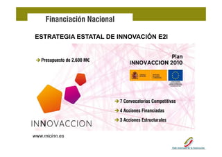 Financiación Nacional

ESTRATEGIA ESTATAL DE INNOVACIÓN E2I


   Presupuesto de 2 600 M€
                  2.600




                             7 Convocatorias Competitivas
                             4 Acciones Financiadas
                             3 Acciones Estructurales


www.micinn.es
 