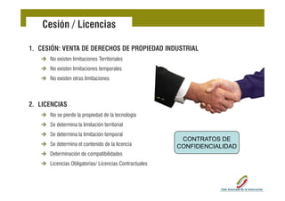 Cesión / Licencias

1. CESIÓN: VENTA DE DERECHOS DE PROPIEDAD INDUSTRIAL
      No existen limitaciones Territoriales
      No existen limitaciones temporales
      No existen otras limitaciones



2. LICENCIAS
      No se pierde la propiedad de la tecnología
      Se d t i
      S determina lla li it ió t it i l
                      limitación territorial
      Se determina la limitación temporal
                                                         CONTRATOS DE
      Se determina el contenido de la licencia          CONFIDENCIALIDAD
      Determinación de compatibilidades
      Licencias Obligatorias/ Licencias Contractuales
 