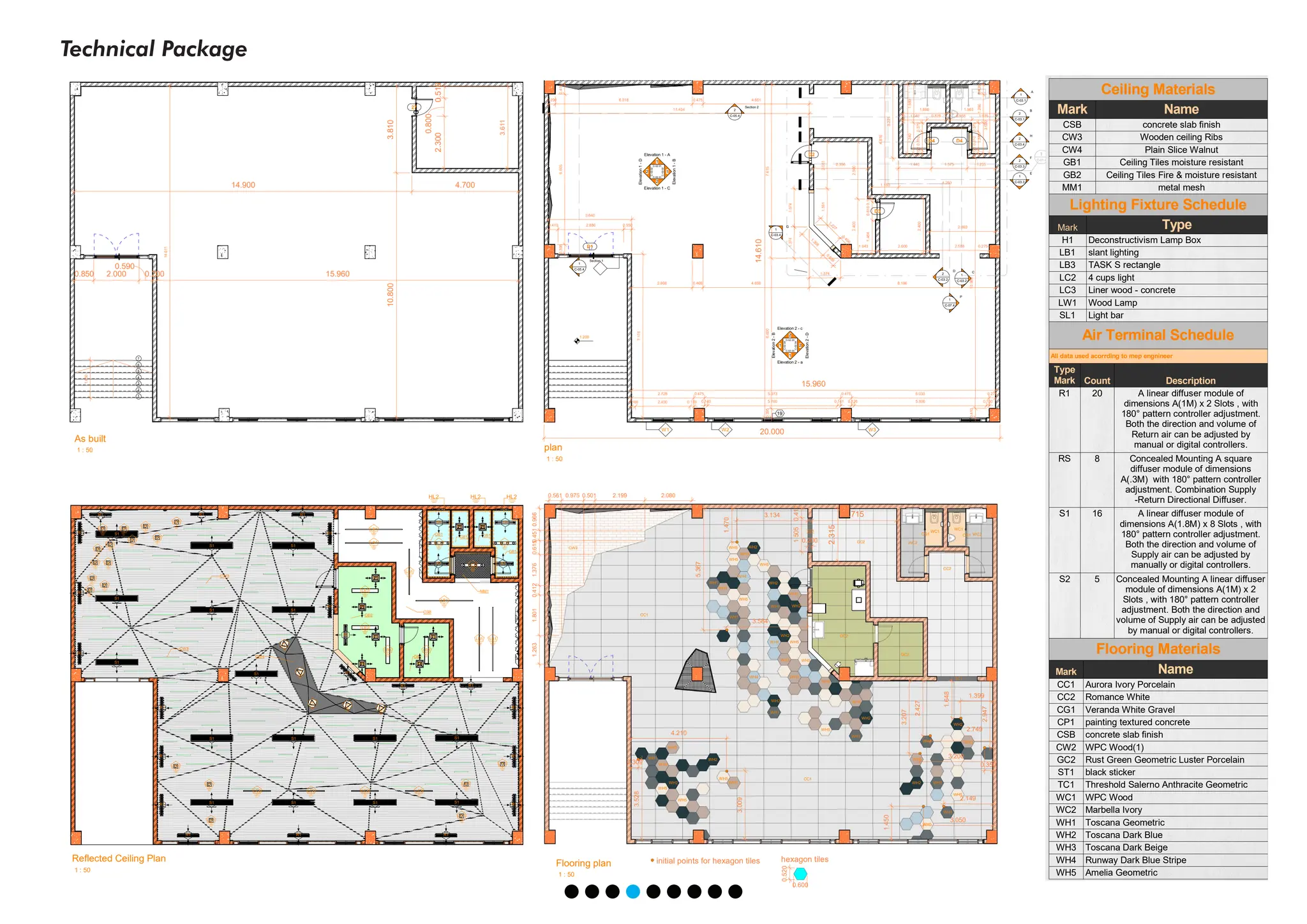 Technical Package
7
6
5
4
3
2
1
14.611
0.850 2.000
0.590
0.200 15.960
10.800
3.810
14.900 4.700
3.611
0.510
0.800
2.300
1.650
27
Notes :-
Scale : 1 : 50
Date : 01/02/24
No : C-01.1
Sheet : As built
Drawn By : Mohannad Rabea A.Ullah Project : Links Cafe
Owner : C.L.C.
Project Number : S-03
1 : 50
As built
H1
H1
H1 H1
H1
LW1
LW1
LW1
LW1
LW1
LW1
LW1
LW1
LW1
LW1 LW1
LW1
LW1
LW1
LW1
LW1
LW1
LW1
LW1
LC2
LC2
LC2
LB1
LB1
LB1
LB1
LB1 LB1
LC3 LC3 LC3 LC3
LB3
LB3
LB3 LB3
CW3
MM1
CSB
GB2
CW3
CW4
GB1
GB1
GB1
GB1
GB2
HL2
HL2 HL2
R1 R1 R1
R1
R1
R1
R1
R1
R1
R1
R1
R1
R1
R1 R1 R1
R1
R1
R1
R1
S1
S1
S1
S1
S1
S1
S1
S1
S1
S1
S1
S1
S1
S1
S1
S1
S2 S2
S2 S2
RS
RS
RS
RS
S2 RS
RS
RS
RS
Notes :-
Scale : 1 : 50
No : C-01.6
Sheet : Reflected Ceiling Plan
Drawn By : Mohannad Rabea A.Ullah Project : Links Cafe
Owner : C.L.C.
Project Number : S-03
1 : 50
Reflected Ceiling Plan
Lighting Fixture Schedule
Mark Type
H1 Deconstructivism Lamp Box
LB1 slant lighting
LB3 TASK S rectangle
LC2 4 cups light
LC3 Liner wood - concrete
LW1 Wood Lamp
SL1 Light bar
All data used acorrding to mep engnineer
Air Terminal Schedule
Type
Mark Count Description
R1 20 A linear diffuser module of
dimensions A(1M) x 2 Slots , with
180° pattern controller adjustment.
Both the direction and volume of
Return air can be adjusted by
manual or digital controllers.
RS 8 Concealed Mounting A square
diffuser module of dimensions
A(.3M) with 180° pattern controller
adjustment. Combination Supply
-Return Directional Diffuser.
S1 16 A linear diffuser module of
dimensions A(1.8M) x 8 Slots , with
180° pattern controller adjustment.
Both the direction and volume of
Supply air can be adjusted by
manually or digital controllers.
S2 5 Concealed Mounting A linear diffuser
module of dimensions A(1M) x 2
Slots , with 180° pattern controller
adjustment. Both the direction and
volume of Supply air can be adjusted
by manual or digital controllers.
Ceiling Materials
Mark Name
CSB concrete slab finish
CW3 Wooden ceiling Ribs
CW4 Plain Slice Walnut
GB1 Ceiling Tiles moisture resistant
GB2 Ceiling Tiles Fire & moisture resistant
MM1 metal mesh
HL2 : hidden light for ceiling as selected samples
Ceiling Materials
Mark Name
CSB concrete slab finish
CW3 Wooden ceiling Ribs
CW4 Plain Slice Walnut
GB1 Ceiling Tiles moisture resistant
GB2 Ceiling Tiles Fire & moisture resistant
MM1 metal mesh
Lighting Fixture Schedule
Mark Type
H1 Deconstructivism Lamp Box
LB1 slant lighting
LB3 TASK S rectangle
LC2 4 cups light
LC3 Liner wood - concrete
LW1 Wood Lamp
SL1 Light bar
All data used acorrding to mep engnineer
Air Terminal Schedule
Type
Mark Count Description
R1 20 A linear diffuser module of
dimensions A(1M) x 2 Slots , with
180° pattern controller adjustment.
Both the direction and volume of
Return air can be adjusted by
manual or digital controllers.
RS 8 Concealed Mounting A square
diffuser module of dimensions
A(.3M) with 180° pattern controller
adjustment. Combination Supply
-Return Directional Diffuser.
S1 16 A linear diffuser module of
dimensions A(1.8M) x 8 Slots , with
180° pattern controller adjustment.
Both the direction and volume of
Supply air can be adjusted by
manually or digital controllers.
S2 5 Concealed Mounting A linear diffuser
module of dimensions A(1M) x 2
Slots , with 180° pattern controller
adjustment. Both the direction and
volume of Supply air can be adjusted
by manual or digital controllers.
Flooring Materials
Mark Name
CC1 Aurora Ivory Porcelain
CC2 Romance White
CG1 Veranda White Gravel
CP1 painting textured concrete
CSB concrete slab finish
CW2 WPC Wood(1)
GC2 Rust Green Geometric Luster Porcelain
ST1 black sticker
TC1 Threshold Salerno Anthracite Geometric
WC1 WPC Wood
WC2 Marbella Ivory
WH1 Toscana Geometric
WH2 Toscana Dark Blue
WH3 Toscana Dark Beige
WH4 Runway Dark Blue Stripe
WH5 Amelia Geometric
20.000
15.010
15.960
2.728 0.475 5.973 0.475 6.033 0.275
7.170
3.640
0.410 2.880 0.350
0.416
6.605
0.395
0.290 6.018 0.475 4.651
11.434
2.668 0.468 4.658 8.166
1.374
1.674
1
.
3
0
6
0
.
6
3
8
0.395
6.600
7.615
1.374
3.221
2.863
2.588 0.275
10.980
0.410
1.440 1.575 1.235
2.400
2.000
0.126
0.810
1.464
2.356
1.591
2.051
1.043
1
.
2
2
7
0
.
4
5
6
2.400
2.500
1.160
4.250
4.816
1.868 1.983
1.040 0.828
1.680
1.340
3.020
0.958 1.035
3.020
0.420
1.260
1.340
0.379
0.810
0.152
0.379
0.810
0.152
14.610
1
Elevation 1 - A
C-02.01
2
Elevation
1
-
D
C-02.02
2
Elevation 1 - C
C-02.01
1
Elevation 2 - a
C-02.03
2
Elevation
2
-
D
C-02.04
1
Elevation
2
-
B
C-02.04
2
Elevation 2 - c
C-02.03
1
C-03.1
A
2
C-03.1
B
1
C-03.2
C
2
C-03.2
D
1
C-03.3
E
1
C-01.4
1.200
D3
D4 D4
D1
19
W1 W2 W3
1
Elevation
1
-
B
C-02.02
0.160 2.400 0.176 0.140 5.700 0.141 0.126 5.800 0.130
1
C-03.4
G
2
C-03.3
F
2
C-03.4
H
1
C-07.4
P
D2
1
C-05.4
Section 1
2
C-05.4
Section 2
1 : 50
plan
WH5 WH2
WH4
WH1
WH2
0.561 0.975 0.501 2.199 2.080
1.263
1.801
0.412
1.376
0.615
0.451
0.966
1.399
1.648
3.528
0.309
3.009
4.210
1.450
3.050
2.149
2.427
2.749
3.200
3.207
1.470
3.134
5.367
3.584
CW2
WH3
WH3
WH2
WH4 WH3
WH1
WH2
WH5
WH2
WH3
WH5
CC2 WC2
WC1
CG1 CG1
WC1
WC2
CC2
GC2
GC2
1.505
0.411
0.200
2.947
0.350
initial points for hexagon tiles
0.520
0.600
hexagon tiles
TC1
2.315
3.715
CC1
CC1
TC1
WH1
WH3
WH5
WH5
WH3
WH1
WH2
WH5
WH2
WH1
WH3
WH3
WH3
WH3
WH1
WH2
WH3
WH5
WH1
WH5
WH2
WH1
WH3
WH2
WH5
WH5
WH4
WH5
WH1
WH5
Notes :-
Scale : 1 : 50
No : C-01.7
Sheet : Flooring Plan
Drawn By : Mohannad Rabea A.Ullah Project : Links Cafe
1 : 50
Flooring plan
Flooring Materials
Mark Name
CC1 Aurora Ivory Porcelain
CC2 Romance White
CG1 Veranda White Gravel
CP1 painting textured concrete
CSB concrete slab finish
CW2 WPC Wood(1)
GC2 Rust Green Geometric Luster Porcelain
ST1 black sticker
TC1 Threshold Salerno Anthracite Geometric
WC1 WPC Wood
WC2 Marbella Ivory
WH1 Toscana Geometric
WH2 Toscana Dark Blue
WH3 Toscana Dark Beige
WH4 Runway Dark Blue Stripe
WH5 Amelia Geometric
 
