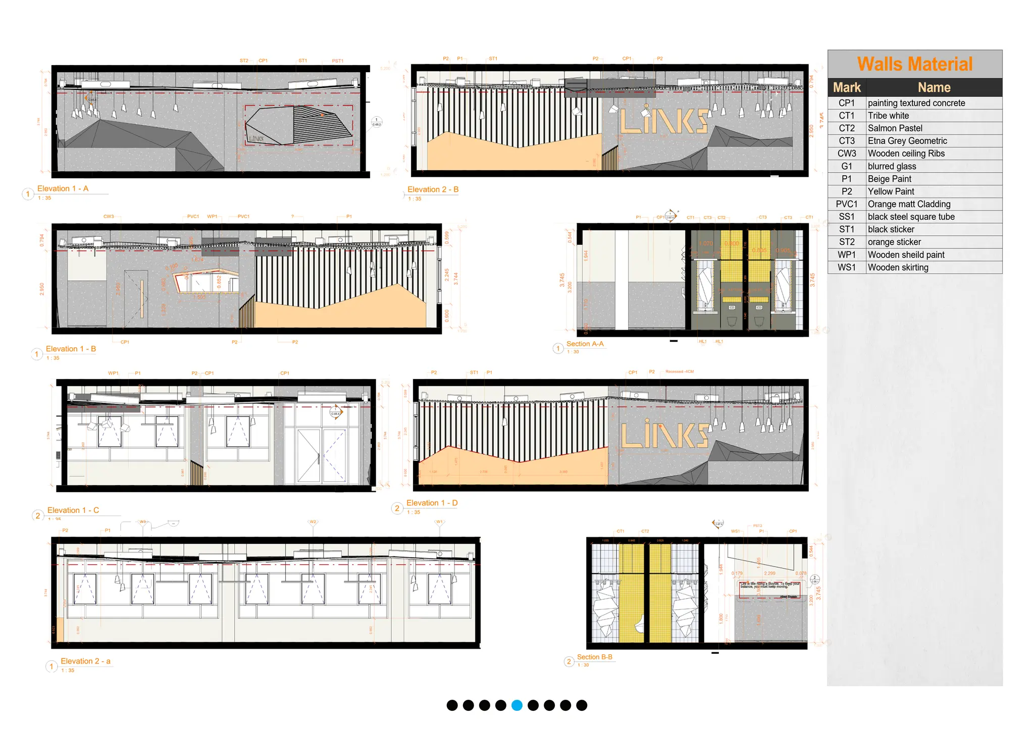 Walls Material
Mark Name
CP1 painting textured concrete
CT1 Tribe white
CT2 Salmon Pastel
CT3 Etna Grey Geometric
CW3 Wooden ceiling Ribs
G1 blurred glass
P1 Beige Paint
P2 Yellow Paint
PVC1 Orange matt Cladding
SS1 black steel square tube
ST1 black sticker
ST2 orange sticker
WP1 Wooden sheild paint
WS1 Wooden skirting
 