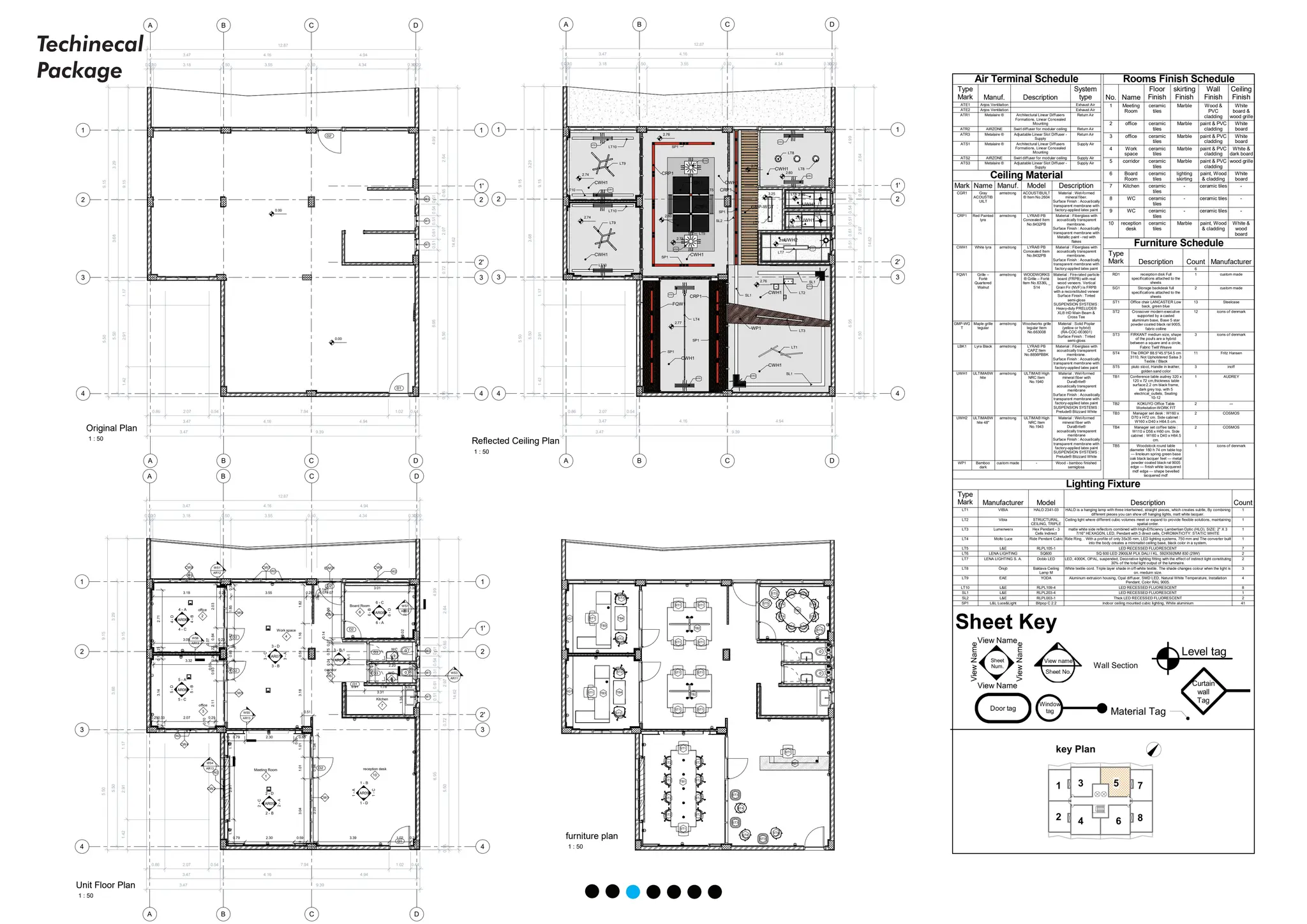 1 1
2
2
3
3
4
4
A
A
B
B
C
C D
D
1'
2'
5.50
3.68
3.29
5.50
9.15
1.42
2.91
1.17
9.15
3.47 4.16 4.94
0.20
0.10 3.18 0.50 3.55 0.50 4.34 0.30
0.20
12.87
4.99
0.51
0.54
0.51
0.61
0.51
6.95
2.64
0.65
2.97
0.72
5.50
0.15
14.62
3.47 4.16 4.94
0.86 2.07 0.54 7.94 1.02 0.44
3.47 9.39
W1
W1
W1
D1
0.00
0.00
D2'
1 : 50
Original Plan
C
C
C
C
AR09
1
-
A
1 - D
1
-
C
1 - B
AR05
2
-
A
2
-
C
2 - B
2 - D
AR06
4 - A
4
-
B
4
-
D
4 - C
AR07
3
-
A
AR08
6 - A
AR07
3
-
A-1
3 - B-1
3
-
C
3 - D
3 - B
6 - C
6
-
B
6
-
D
AR06
5 - A
5
-
B
5
-
D
5 - C
Meeting Room
1
1 1
2
2
3
3
4
4
A
A
B
B
C
C D
D
office
2
office
3
Work space
4
corridor
5
Board Room
6
Kitchen
7
WC
8
WC
9
reception desk
10
1'
2'
5.50
3.68
3.29
5.50
9.15
1.42
2.91
1.17
9.15
3.47 4.16 4.94
0.20
0.10 3.18 0.50 3.55 0.50 4.34 0.30
0.20
12.87
4.99
0.51
0.54
0.51
0.61
0.51
6.95
2.64
0.65
2.97
0.72
5.50
0.15
14.62
3.47 4.16 4.94
0.86 2.07 0.54 7.94 1.02 0.44
3.47 9.39
1.12
2.91
1.13
0.10
3.04
1.01
1.01
0.09
0.16 0.79 2.30 0.80
0.79 2.30 0.59 3.39 1.02 0.24
1.04
0.94
3.09
0.08
0.20
1.85
0.82
0.07
0.60
0.05
0.88
0.51
3.55 0.28
3.18 0.20
3.09 0.23
0.290.33 2.07 0.29
3.32
2.71
0.21
0.11
3.14
0.17
2.03
0.84
0.07
0.22
0.10
2.11
0.93
0.05
0.22
1.82
1.16
0.51
3.18
0.80
0.24
0.75
0.07
0.14
2.66
0.05
0.14
0.071.07
3.01 0.30
2.50
0.02
0.91 1.78 0.63
3.31
1.36
0.60
0.13
0.80
0.04
2.20
W1
W1
W1
D1
D2
D2
D2
D2'
D3
D3
O1
CW8 CW7 CW6
CW4
CW5
CW9
CW3
CW1
CW2
CWD1
D2
W2
W2
W2
W2
W2
WS1
AR12
WS3
AR11
WS4
AR13
WS5
AR13
WS6
AR13
WS7
AR13
1 : 50
Unit Floor Plan
1 1
2
2
3
3
4
4
A
A
B
B
C
C D
D
1'
2'
5.50
3.68
3.29
5.50
9.15
1.42
2.91
1.17
9.15
3.47 4.16 4.94
0.20
0.10 3.18 0.50 3.55 0.50 4.34 0.30
0.20
12.87
4.99
0.51
0.54
0.51
0.61
0.51
6.95
2.64
0.65
2.97
0.72
5.50
0.15
14.62
3.47 4.16 4.94
0.86 2.07 0.54
3.47 9.39
CWH1
CWH1
CWH1
CWH1
CWH1
GMP-WGT
CWH1
CWH1
WP1
LBK1
CWH1
CRP1
CRP1
CRP1
UWH1
UWH1
UWH2
CRP1
FQW1
LT2
LT1
LT3
SL1
SL1
SL1
LT4
SP1
SP1
SP1
SP1
SL2
LT5
LT5
LT6
LT6
LT7
LT7
LT8
LT8
SP1
LT10
LT9
LT10
LT9
LT10
LT10
ATE1
ATR1
ATS1
ATS2
ATR2
ATS1
ATR1
ATS1
ATR1
ATR3
ATS3
2.74
2.74
2.76
2.78
2.60
2.79
2.60
2.60
3.25
2.60
2.60
2.76
2.77
ATE2
1 : 50
Reflected Ceiling Plan
C
C
C
C
ST1
ST1
ST2
ST2
TB1
RD1
ST1
ST2
ST2
TB4
ST1
ST2
ST2
TB4
SG1
SG1
ST1
ST1
ST1
ST1
ST1
ST1
ST1
ST1
TB2
TB5
ST4 ST4
ST4
ST4
ST4
ST4
ST4 ST4
ST5
ST3
ST3
ST3
ST4
ST4
ST4
ST5
ST5
ST1
TB2
ST2
ST2
ST2
ST2
ST2
ST2
TB3
TB3
1 : 50
furniture plan
Sheet Key
Furniture Schedule
Type
Mark Description Count Manufacturer
6
RD1 receiption disk Full
specifications attached to the
sheets
1 custom made
SG1 Storage backdesk full
specifications attached to the
sheets
2 custom made
ST1 Office chair LANCASTER Low
back, green blue
13 Steelcase
ST2 Crossover modern executive
supported by a casted
aluminium base, Base 5 star
powder coated black ral 9005,
fabric colline
12 icons of denmark
ST3 FIRKANT medium size, shape
of the poufs are a hybrid
between a square and a circle,
Fabric Twill Weave
3 icons of denmark
ST4 The DROP 88.5*45.5*54.5 cm
3110, Not Upholstered Salsa 3
Textile / Black
11 Fritz Hansen
ST5 pluto stool, Handle in leather,
golden sand color
3 inoff
TB1 Conference table audrey 320 x
120 x 72 cm,thickness table
surface:2.2 cm black frame,
dark grey top, with 5
electrical_outlets, Seating
10-12
1 AUDREY
TB2 KOKUYO Office Table
Workstation WORK FIT
2 ---
TB3 Manager set desk : W160 x
D70 x H72 cm. Side cabinet :
W160 x D40 x H64.5 cm.
2 COSMOS
TB4 Manager set coffee table :
W110 x D56 x H60 cm. Side
cabinet : W160 x D40 x H64.5
cm.
2 COSMOS
TB5 Woodstock round table
diameter 160 h 74 cm table top
— linoleum spring green base
oak black lacquer feet — metal
powder coated black ral 9005
edge — finish white lacquered
mdf edge — shape bevelled
lacquered mdf
1 icons of denmark
Rooms Finish Schedule
No. Name
Floor
Finish
skirting
Finish
Wall
Finish
Ceiling
Finish
1 Meeting
Room
ceramic
tiles
Marble Wood &
PVC
cladding
White
board &
wood grille
2 office ceramic
tiles
Marble paint & PVC
cladding
White
board
3 office ceramic
tiles
Marble paint & PVC
cladding
White
board
4 Work
space
ceramic
tiles
Marble paint & PVC
cladding
White &
dark board
5 corridor ceramic
tiles
Marble paint & PVC
cladding
wood grille
6 Board
Room
ceramic
tiles
lighting
skirting
paint, Wood
& cladding
White
board
7 Kitchen ceramic
tiles
- ceramic tiles -
8 WC ceramic
tiles
- ceramic tiles -
9 WC ceramic
tiles
- ceramic tiles -
10 reception
desk
ceramic
tiles
Marble paint, Wood
& cladding
White &
wood
board
Air Terminal Schedule
Type
Mark Manuf. Description
System
type
ATE1 Anjos Ventilation Exhaust Air
ATE2 Anjos Ventilation Exhaust Air
ATR1 Metalaire ® Architectural Linear Diffusers
Formations, Linear Concealed
Mounting
Return Air
ATR2 AIRZONE Swirl diffuser for modular ceiling Return Air
ATR3 Metalaire ® Adjustable Linear Slot Diffuser -
Supply
Return Air
ATS1 Metalaire ® Architectural Linear Diffusers
Formations, Linear Concealed
Mounting
Supply Air
ATS2 AIRZONE Swirl diffuser for modular ceiling Supply Air
ATS3 Metalaire ® Adjustable Linear Slot Diffuser -
Supply
Supply Air
Ceiling Material
Mark Name Manuf. Model Description
CGR1 Gray
ACOUSTIB
UILT
armstrong ACOUSTIBUILT
® Item No.2604
Material : Wet-formed
mineral fiber.
Surface Finish : Acoustically
transparent membrane with
factory-applied latex paint
CRP1 Red Painted
lyra
armstrong LYRA® PB
Concealed Item
No.8432PB
Material : Fiberglass with
acoustically transparent
membrane.
Surface Finish : Acoustically
transparent membrane with
Metallic paint - red with
flakes
CWH1 White lyra armstrong LYRA® PB
Concealed Item
No.8432PB
Material : Fiberglass with
acoustically transparent
membrane.
Surface Finish : Acoustically
transparent membrane with
factory-applied latex paint
FQW1 Grille –
Forté
Quartered
Walnut
armstrong WOODWORKS
® Grille – Forté
Item No.6336L _
S14
Material : Fire-rated particle
board (FRPB) with real
wood veneers. Vertical
Grain Fir (NVF) is FRPB
with a reconstituted veneer
Surface Finish : Tinted
semi-gloss
SUSPENSION SYSTEMS :
Heavy-duty PRELUDE®
XL® HD Main Beam &
Cross Tee
GMP-WG
T
Maple grille
tegular
armstrong Woodworks grille
tegular Item
No.663008
Material : Solid Poplar
(yellow or hybrid)
(RA-COC-003601)
Surface Finish : Tinted
semi-gloss
LBK1 Lyra Black armstrong LYRA® PB
CAPZ Item
No.8856PBBK
Material : Fiberglass with
acoustically transparent
membrane.
Surface Finish : Acoustically
transparent membrane with
factory-applied latex paint
UWH1 ULTIMA®W
hite
armstrong ULTIMA® High
NRC Item
No.1940
Material : Wet-formed
mineral fiber with
DuraBrite®
acoustically transparent
membrane
Surface Finish : Acoustically
transparent membrane with
factory-applied latex paint
SUSPENSION SYSTEMS :
Prelude® Blizzard White
UWH2 ULTIMA®W
hite 48"
armstrong ULTIMA® High
NRC Item
No.1943
Material : Wet-formed
mineral fiber with
DuraBrite®
acoustically transparent
membrane
Surface Finish : Acoustically
transparent membrane with
factory-applied latex paint
SUSPENSION SYSTEMS :
Prelude® Blizzard White
WP1 Bamboo
dark
custom made - Wood - bamboo finished
semigloss
Lighting Fixture
Type
Mark Manufacturer Model Description Count
LT1 VIBIA HALO 2341-03 HALO is a hanging lamp with three intertwined, straight pieces, which creates subtle, By combining
different pieces you can show off hanging lights, matt white lacquer.
1
LT2 Vibia STRUCTURAL,
CEILING, TRIPLE
Ceiling light where different cubic volumes meet or expand to provide flexible solutions, maintaining
spatial order.
1
LT3 Lumenwerx Hex Pendant - 3
Cells Indirect
matte white side reflectors combined with High-Efficiency Lambertian Optic (HLO), SIZE: 2" X 3
7/16" HEXAGON, LED, Pendant with 3 direct cells, CHROMATICITY: STATIC WHITE
1
LT4 Molto Luce Ride Pendant Cubic Ride Ring, . With a profile of only 35x35 mm, LED lighting systems, 750 mm and The converter built
into the body creates a minimalist ceiling base, black color in a system,
1
LT5 L&E RLPL105-1 LED RECESSED FLUORESCENT 7
LT6 LENA LIGHTING SQ600 SQ 600 LED 2900LM PLX DALI I KL. 592X592MM 830 (29W) 2
LT7 LENA LIGHTING S. A. Doblo LED LED, 4000K, OPAL, suspended, Decorative lighting fitting with the effect of indirect light constituting
30% of the total light output of the luminaire.
2
LT8 Örsjö Baklava Ceiling
Lamp M
White textile cord. Triple layer shade in off-white textile. The shade changes colour when the light is
on. meduim size.
3
LT9 EAE YODA Aluminum extrusion housing, Opal diffuser, SMD LED, Natural White Temperature, Installation
Pendant, Color RAL 9005.
4
LT10 L&E RLPL109-4 LED RECESSED FLUORESCENT 8
SL1 L&E RLPL203-4 LED RECESSED FLUORESCENT 1
SL2 L&E RLPL003-1 Thick LED RECESSED FLUORESCENT 2
SP1 L&L Luce&Light Bitpop C 2.2 Indoor ceiling mounted cubic lighting, White aluminium 41
Techinecal
Package
 