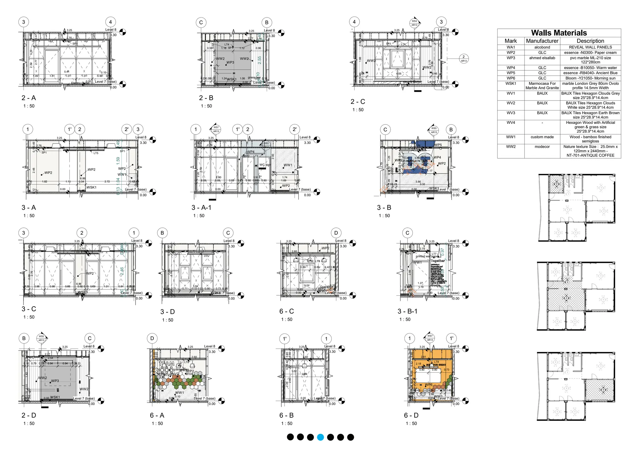 Level 7 (base)
0.00
Level 8
3.30
3 4
0.46
0.39
2.39
0.17 1.09 1.01 1.01 1.01 0.96 0.15
0.10
5.41
0.47
2.77
Electric Outlet
0.00
3.25
2.76
SP1
Level 7 (base)
0.00
Level 8
3.30
B
C
0.230.390.21 1.24 1.06 0.79 0.16
0.96
1.12
1.18
0.59
0.12
0.63
0.49
1.51
0.02
0.47
0.00
2.77
3.25
2.76
0.20
0.10
2.55
0.40
WSK1
LT4
SP1
WW2 WW2
grass box
WP3
Level 7 (base)
0.00
Level 8
3.30
3
4
0.49
0.36
1.66
0.44
0.11
0.19
2.56
0.64 4.05 0.46
0.49
2.76
electric Outlet
WW2
WW2
SP1
0.00
2.76
LT4
3.25
WS4
AR13
2
AR13
Level 7 (base)
0.00
Level 8
3.30
B C
0.49
0.20
1.82
0.11
0.33
0.10
0.20
0.21
0.24
0.94
0.94
0.18
0.79
0.16
WW2
WW2
WP3
WSK1
0.00
2.54
2.77
3.25
WS5
AR13
Level 7 (base)
0.00
Level 8
3.30
1 2 3
1' 2'
0.10 1.82 1.15 0.54 2.72 0.42
0.10
6.86
0.49
0.16
2.48
0.12
WP2
WSK1
WP2
WW1
WP2
0.00
2.60
3.25
2.76
SP1
SP1
0.49
1.59
1.04
0.13
LT5
Level 7 (base)
0.00
Level 8
3.30
1 2
1' 2'
0.89 0.89 0.89 0.21 0.80 0.10
0.10 0.80 1.69 0.03
2.00
0.14
0.98
0.12
2.20
0.59
0.46
0.46
2.79
2.80 1.91 1.74
WC sign WW1
WP2
2.79
3.25
0.00
WP4
WP2 LT7
WS3
AR11
WS7
AR13
Level 7 (base)
0.00
Level 8
3.30
B
C
0.13
1.05
0.13
0.10
0.10
1.25
3.32
0.23
0.31
3.86
2.76
0.26
0
.22
0.58
0.24
0.48
0.40
0.18
7
5
.
0
0
°
105.00°
R
0.52
R
0.52
0.29
0.23 0.74 0.23
0.40 0.95
0.52
8
7
.
5
1
°
2.79
WP2
WP2
WP4
WP5
0.00
1.17
2.76
2.61
WSK1
WS5
AR13
Level 7 (base)
0.00
Level 8
3.30
C
1.15
1.19
0.08
0.08
0.24
0.46
2.66
0.13
94.45°
1.27 1.15
0.97
1.69
0.59
printed wall paper
WW1
SP1 LT7
0.00
3.25
2.79
2.76
Level 7 (base)
0.00
Level 8
3.30
1
2
3
0.29 0.98 0.98 0.98 0.60 0.15 0.69 1.01 0.84 0.25
0.10
6.86
0.49
0.56
2.08
0.12
0.49
2.76
0.00
2.60
2.77
3.25
WP2
WSK1
0.30
2.46
0.09
0.40
Level 7 (base)
0.00
Level 8
3.30
B C
0.10
0.73
0.66
0.21
0.53
0.71
0.71
0.24
0.49
0.16
2.25
0.05
0.10
0.07
0.13
3.84
0.49
2.76
SP1
LT5
WSK1
Level 7 (base)
0.00
Level 8
3.30
D
0.100.55
1.10
0.15
0.15
0.56
0.65
2.60
0.65
0.51
0.65
WP2
WW1
WP6
WV1WV2
WV3
WV4
LT8
0.00
0.10
2.60
3.25
decoration
Level 7 (base)
0.00
Level 8
3.30
1
1'
2.09
0.11
0.40
0.65
1.32
0.65
2.60
2.64
0.10
0.10
0.00
2.60
3.25
Level 7 (base)
0.00
Level 8
3.30
D
0.65
0.07
0.44
1.79
0.20
0.10
0.01
0.30
0.42
0.89
0.89
0.65
2.60
3.01 0.25
0.15
0.10
135.00°
WW1
WP2
Grass box
LT8
WP2
3.25
2.60
0.00
0.20
Level 7 (base)
0.00
Level 8
3.30
1 1'
0.65
0.52
0.69
0.25
0.14
0.36
0.45
0.10
0.10
2.66
0.80 0.80 0.73
0.14
0.09
0.43 1.28 0.26 0.46
WP6
LT8
WW1
0.00
2.18
2.61
3.25
WS7
AR13
1 : 50
2 - A
1 : 50
2 - B
1 : 50
2 - C
1 : 50
2 - D
1 : 50
3 - A
1 : 50
3 - A-1
1 : 50
3 - B
1 : 50
3 - B-1
1 : 50
3 - C
1 : 50
3 - D
Walls Materials
Mark Manufacturer Description
WA1 alcobond REVEAL WALL PANELS
WP2 GLC essence -N0300- Paper cream
WP3 ahmed elsallab pvc marble ML-210 size
122*280cm
WP4 GLC essence -B10050- Warm water
WP5 GLC essence -R84040- Ancient Blue
WP6 GLC Bloom -Y21050- Morning sun
WSK1 Marmocasa For
Marble And Granite
marble London Grey 80cm Ovolo
profile 14.5mm Width
WV1 BAUX BAUX Tiles Hexagon Clouds Grey
size 25*28.9*14.4cm
WV2 BAUX BAUX Tiles Hexagon Clouds
White size 25*28.9*14.4cm
WV3 BAUX BAUX Tiles Hexagon Earth Brown
size 25*28.9*14.4cm
WV4 - Hexagon Wood with Artificial
green & grass size
25*28.9*14.4cm
WW1 custom made Wood - bamboo finished
semigloss
WW2 modecor Nature texture Size : 25.0mm x
120mm x 2440mm -
NT-701-ANTIQUE COFFEE
1 : 50
6 - A
1 : 50
6 - B
1 : 50
6 - C
1 : 50
6 - D
 