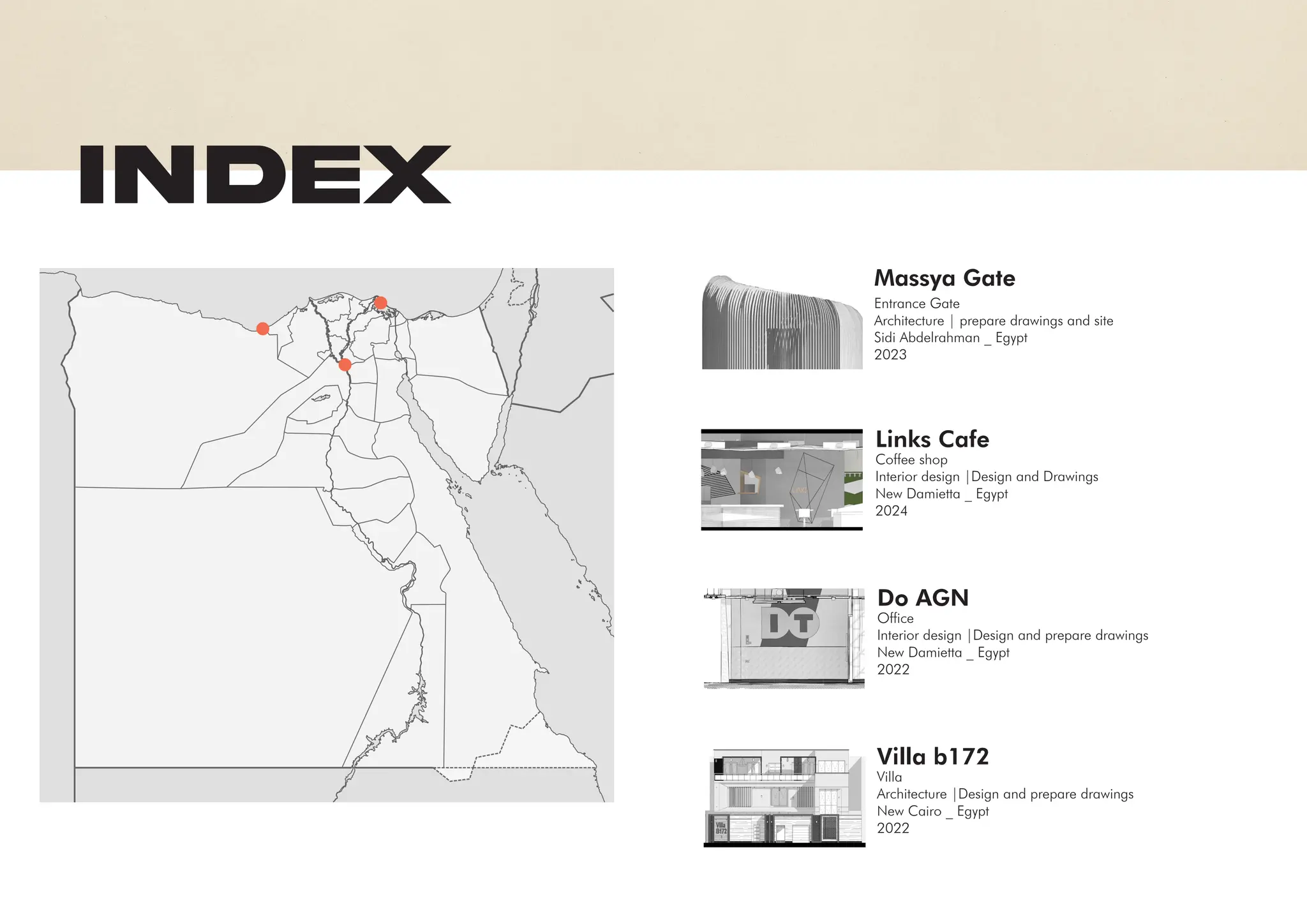 Index
Links Cafe
Coffee shop
Interior design |Design and Drawings
New Damietta _ Egypt
2024
Do AGN
Office
Interior design |Design and prepare drawings
New Damietta _ Egypt
2022
Villa b172
Villa
Architecture |Design and prepare drawings
New Cairo _ Egypt
2022
Entrance Gate
Architecture | prepare drawings and site
Sidi Abdelrahman _ Egypt
2023
Massya Gate
 