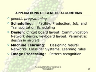 Toc-H INSTITUTE OF SCIENCE &
TECHNOLOGY 25
APPLICATIONS OF GENETIC ALGORITHMS
 genetic programming
 Scheduling: Facility, Production, Job, and
Transportation Scheduling
 Design: Circuit board layout, Communication
Network design, keyboard layout, Parametric
design in aircraft
 Machine Learning: Designing Neural
Networks, Classifier Systems, Learning rules
 Image Processing: Pattern recognition
 