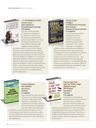 92 WWW.MUSICAEMERCADO.COM.BR
Como Motivar
sua Equipe
Anne Bruce
Sextante
(72 páginas)
Com exemplos de empresas como
a Disney, Levi’s e Dell Computer,
a autora e conferencista norte-
americana, Anne Bruce, traz
modelos de como liderar pessoas
de forma divertida e estimulante
com estratégias orientadas para
resultados. As dicas sobre como elevar o moral
de sua equipe, como manter a motivação e como
extrair o melhor de cada indivíduo são valiosas,
especialmente em momentos de crise ou de metas
não alcançadas.
Como Fazer
Amigos
e Inﬂuenciar Pessoas
Dale Carnegie
Companhia Editora Nacional
(313 páginas)
Com sua primeira edição
publicada em 1937 e
já vendeu mais de 50
milhões de exemplares
em praticamente todos
os idiomas. Nele, o autor
se propõe a nos ajudar a
resolver um de nossos maiores problemas:
o de nos relacionar bem com as pessoas e
influenciá-las na vida cotidiana, nos negócios,
no trabalho e nos contatos sociais. Em
resumo, ele trata, de forma técnica — que
pode ser desenvolvida por todos nós pela
prática e treinamento —, uma habilidade que
muitas vezes pensamos ser somente ligada à
personalidade de pessoas carismáticas como
se fosse um certo ‘dom divino’.
resolver um de nossos maiores problemas:
O Verdadeiro Poder
Vicente Falconi
INDG (Instituto de
Desenvolvimento Gerencial)
(159 páginas)
Este livro recém-lançado é
um resumo da experiência
dos últimos 15 anos de uma
das maiores autoridades em
gestão da atualidade. Com vasta
experiência empresarial e no
setor público, além de ampla
bagagem como conselheiro
da Ambev e Sadia, o autor, Vicente Falconi
traz em seu livro cases de sucesso e práticas
de gestão revolucionárias. Em uma passagem
genial sobre gerenciamento, ele diz: “Gerenciar
é resolver problemas. Problema é um resultado
indesejável. Portanto, todos os que realmente
desejam melhorar sua empresa devem estar
cheios de problemas”. Este livro é de fácil leitura.
Porém, o mais técnico da minha lista. Tenho
certeza de que as lições de Vicente Falconi irão
acrescentar muito ao seu conhecimento de
gestão empresarial.
Faça o que Tem
que Ser Feito e Não
Apenas o que
lhe Pedem
Bob Nelson
Sextante
(136 páginas)
As empresas estão atrás de
pessoas proativas e que queiram
aprender mais a cada dia.
Este livro dá dicas práticas de
iniciativas que certamente você
espera de seus funcionários e talvez não passe
pela cabeça deles. Mostra em exemplos de fácil
compreensão que para se destacar e alcançar a
excelência profissional é necessário fazer mais
do que se espera. Deve ser repassado a todos os
funcionários.
Com exemplos de empresas como
a Disney, Levi’s e Dell Computer,
a autora e conferencista norte-
modelos de como liderar pessoas
de forma divertida e estimulante
Luiz Sacoman Pontos de Venda
mm53_sacoman.indd 92 11/03/2011 19:41:39
 