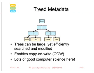 ext4

Treed Metadata

ZFS
btrfs

Root

Data

Data

Data

Data

• Trees can be large, yet efficiently

searched and modified
• Enables copy-on-write (COW)
• Lots of good computer science here!
November 3, 2013

File Systems: Top to Bottom and Back — USENIX LISA’13

Slide 14

 