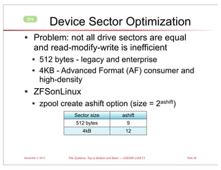 Device Sector Optimization

ZFS

• Problem: not all drive sectors are equal
and read-modify-write is inefficient

• 512 bytes - legacy and enterprise
• 4KB - Advanced Format (AF) consumer and
high-density

• ZFSonLinux
• zpool create ashift option (size = 2ashift)
Sector size
512 bytes

9

4kB

November 3, 2013

ashift
12

File Systems: Top to Bottom and Back — USENIX LISA’13

Slide 78

 