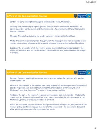 7/11/2022
6
A View of the Communication Process
Sender: The party sending the message to another party—here, McDonald’s.
Encoding: The process of putting thought into symbolic form—for example, McDonald’s ad
agency assembles words, sounds, and illustrations into a TV advertisement that will convey the
intended message.
Message: The set of symbols that the sender transmits—the actual McDonald’s ad.
Media: The communication channels through which the message moves from the sender to the
receiver—in this case, television and the specific television programs that McDonald’s selects.
Decoding: The process by which the receiver assigns meaning to the symbols encoded by the
sender—a consumer watches the McDonald’s commercial and interprets the words and images
it contains.
A View of the Communication Process
Receiver: The party receiving the message sent by another party—the customer who watches
the McDonald’s ad.
Response: The reactions of the receiver after being exposed to the message—any of hundreds of
possible responses, such as the consumer likes McDonald’s better, is more likely to eat at
McDonald’s next time, hums the “i’m lovin’ it” jingle, or does nothing.
Feedback: The part of the receiver’s response communicated back to the sender—McDonald’s
research shows that consumers are either struck by and remember the ad or they write or call
McDonald’s, praising or criticizing the ad or its products.
Noise: The unplanned static or distortion during the communication process, which results in the
receiver getting a different message than the one the sender sent—the consumer is distracted
while watching the commercial and misses its key points.
 