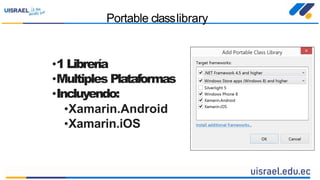 Portable classlibrary
•1 Librería
•Multiples Plataformas
•Incluyendo:
•Xamarin.Android
•Xamarin.iOS
 