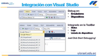 IntegraciónconVisual Studio
Debug en:
• Emuladores
• Dispositivos
Integrado en la ToolBar
• Status
• Logs
• Listadode dispositivos
Just Click Start Debugging!
 