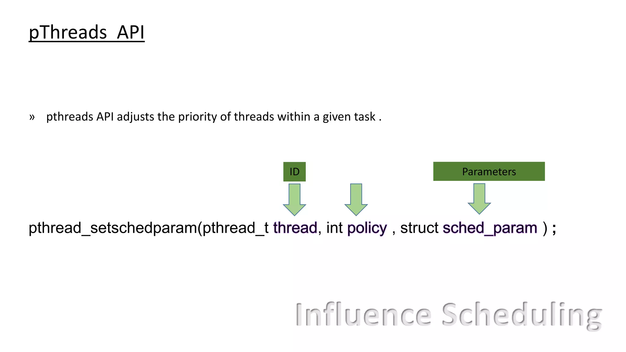 pThreads API
» pthreads API adjusts the priority of threads within a given task .
pthread_setschedparam(pthread_t , int , struct ) ;
ID Parameters
Influence Scheduling
 